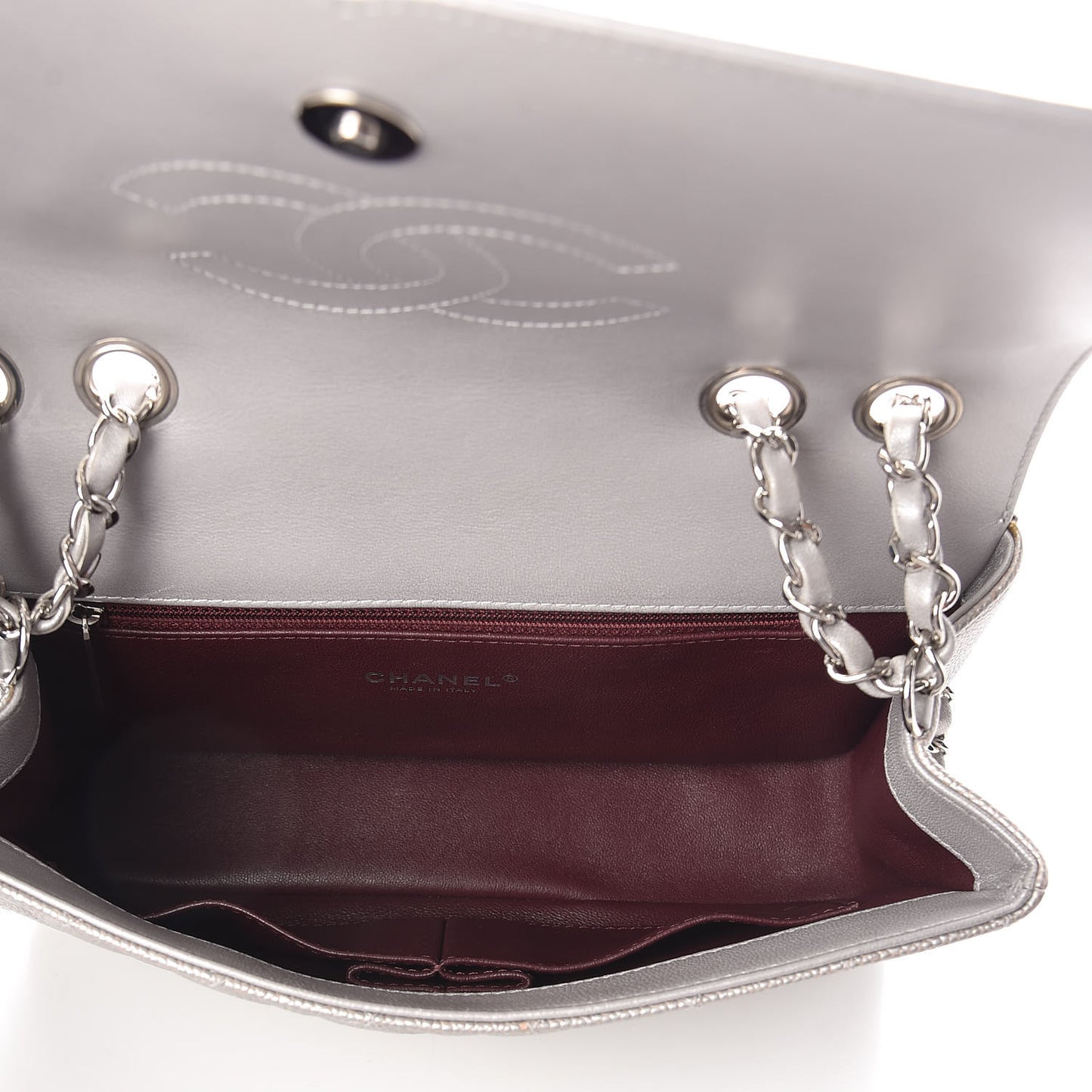 Metallic Caviar Quilted Medium CC Filigree Flap Silver