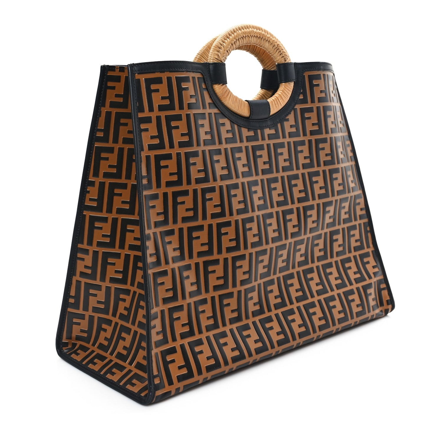 Vitello Century Wicker FF Embossed Large Runaway Shopper Tote Tobacco Black