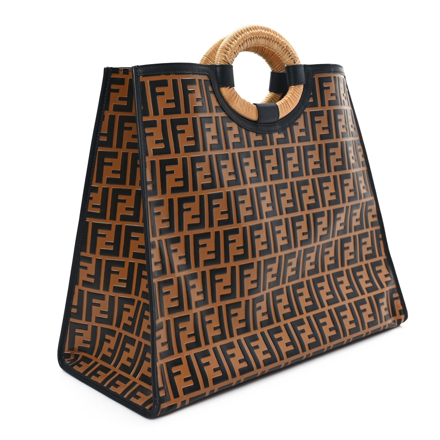 Fendi Vitello Century Wicker FF Embossed Large Runaway Shopper Tote Tobacco Black 3 of 12