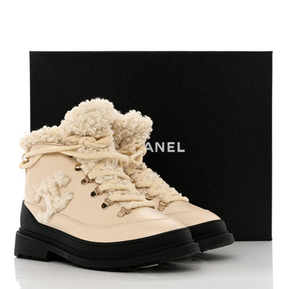 Chanel Calfskin Shearling CC Lace Up Boots 38 Light Beige Ivory 9 of 9