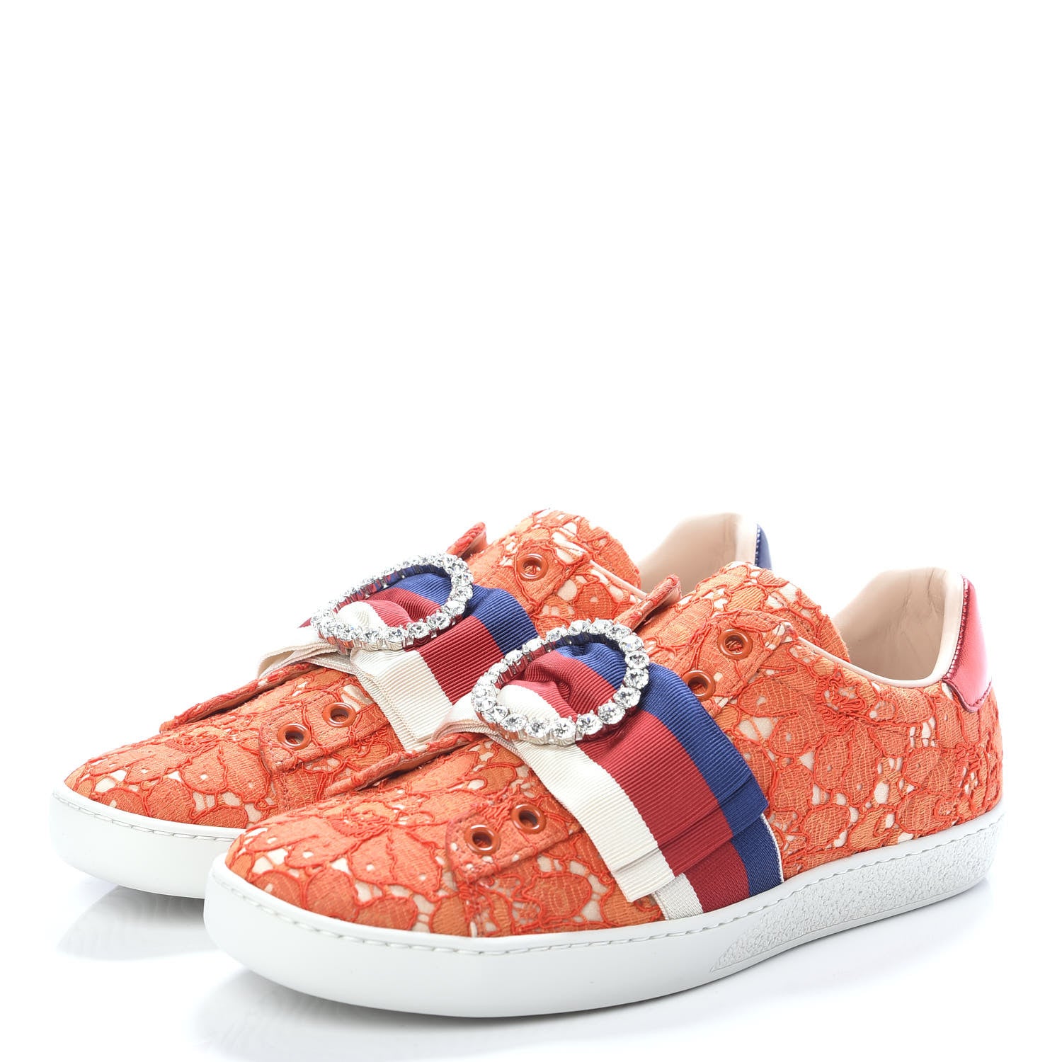 Gucci Lace Crystal Sylvie Web Flower Leaf Womens Ace Sneakers 35.5 Hot Orange Tan Beige 3 of 9