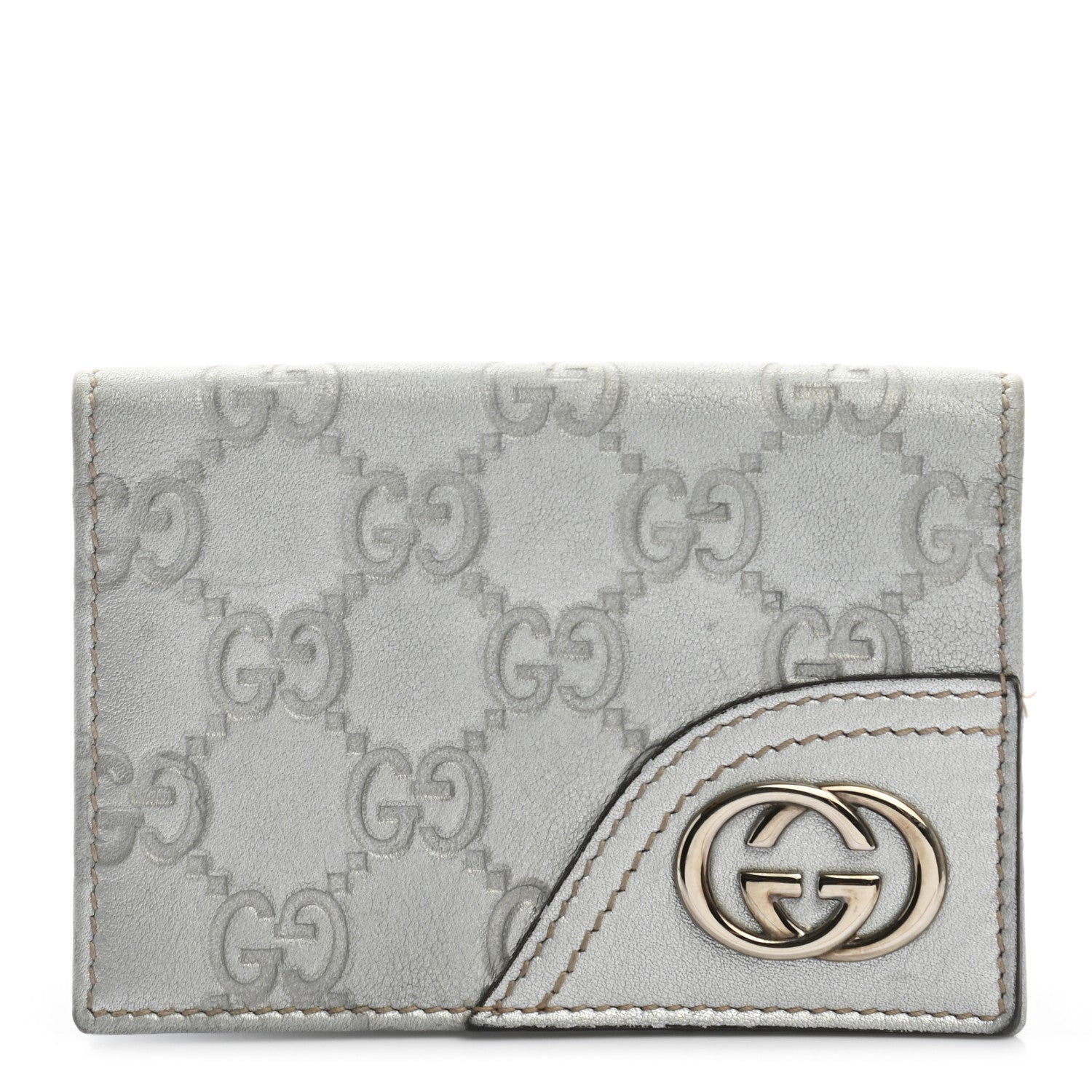 Gucci Metallic Guccissima Interlocking G Flap Card Case Silver 1 of 10