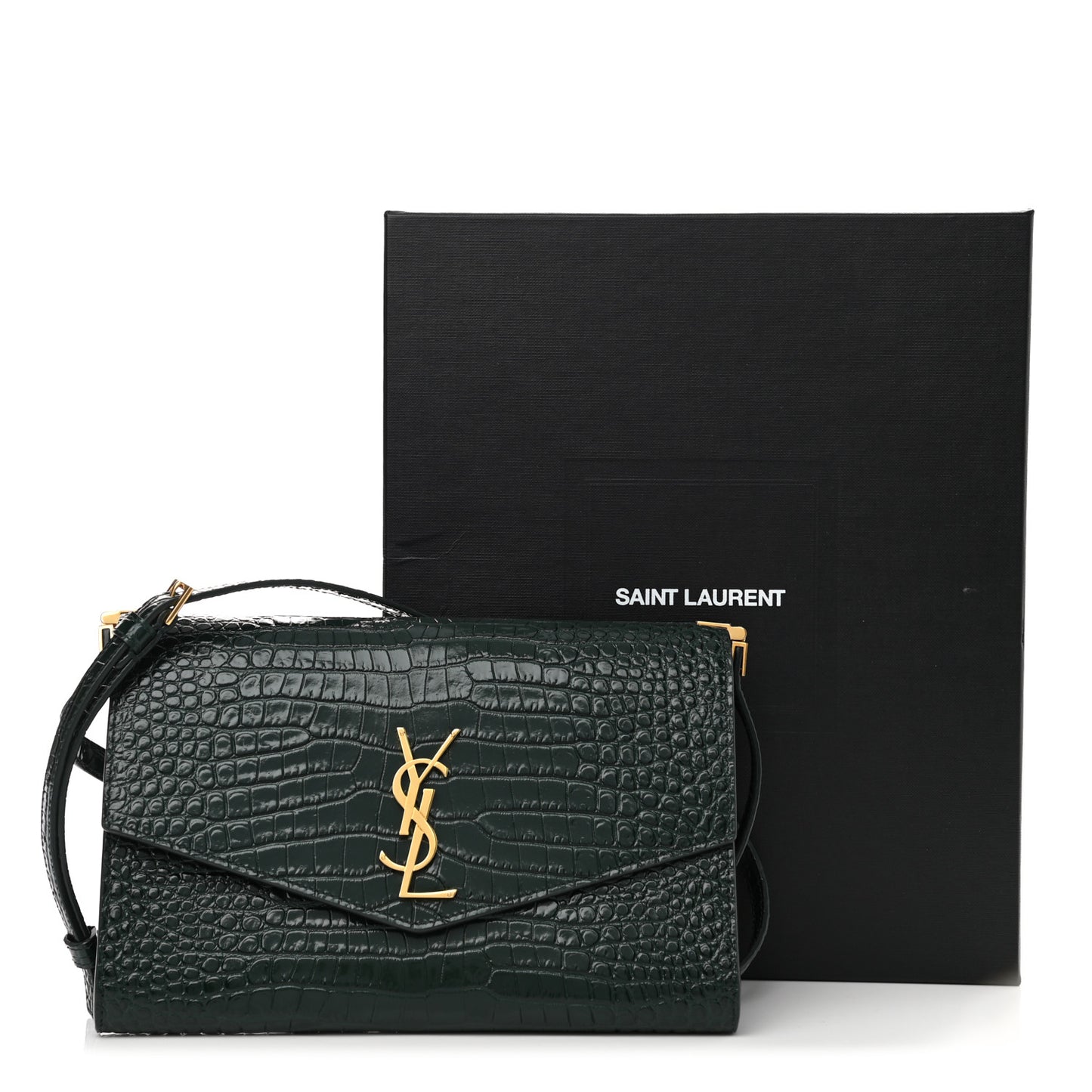 Calfskin Crocodile Embossed Monogram Mini Uptown Crossbody Dark Mint