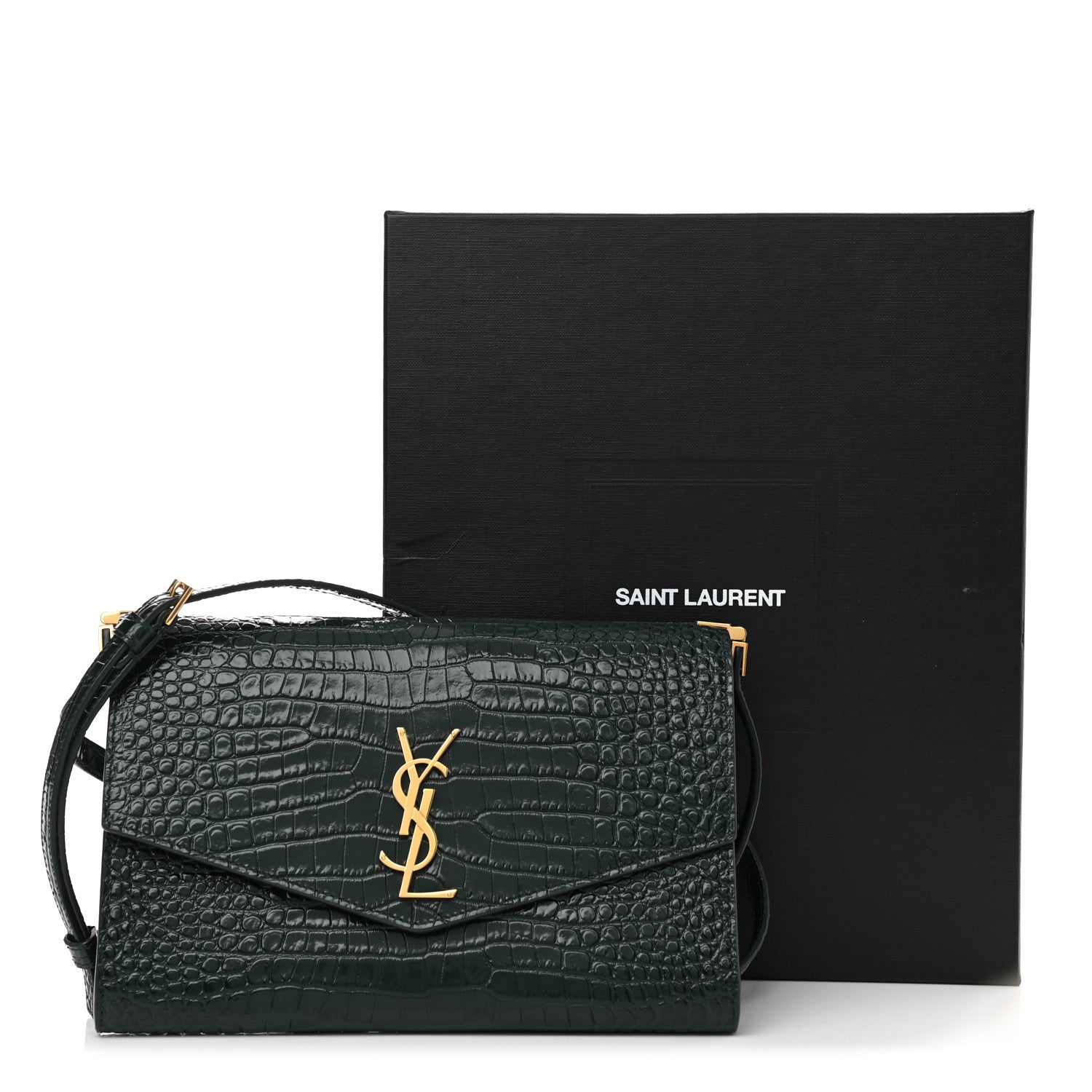 Saint Laurent Calfskin Crocodile Embossed Monogram Mini Uptown Crossbody Dark Mint 10 of 10
