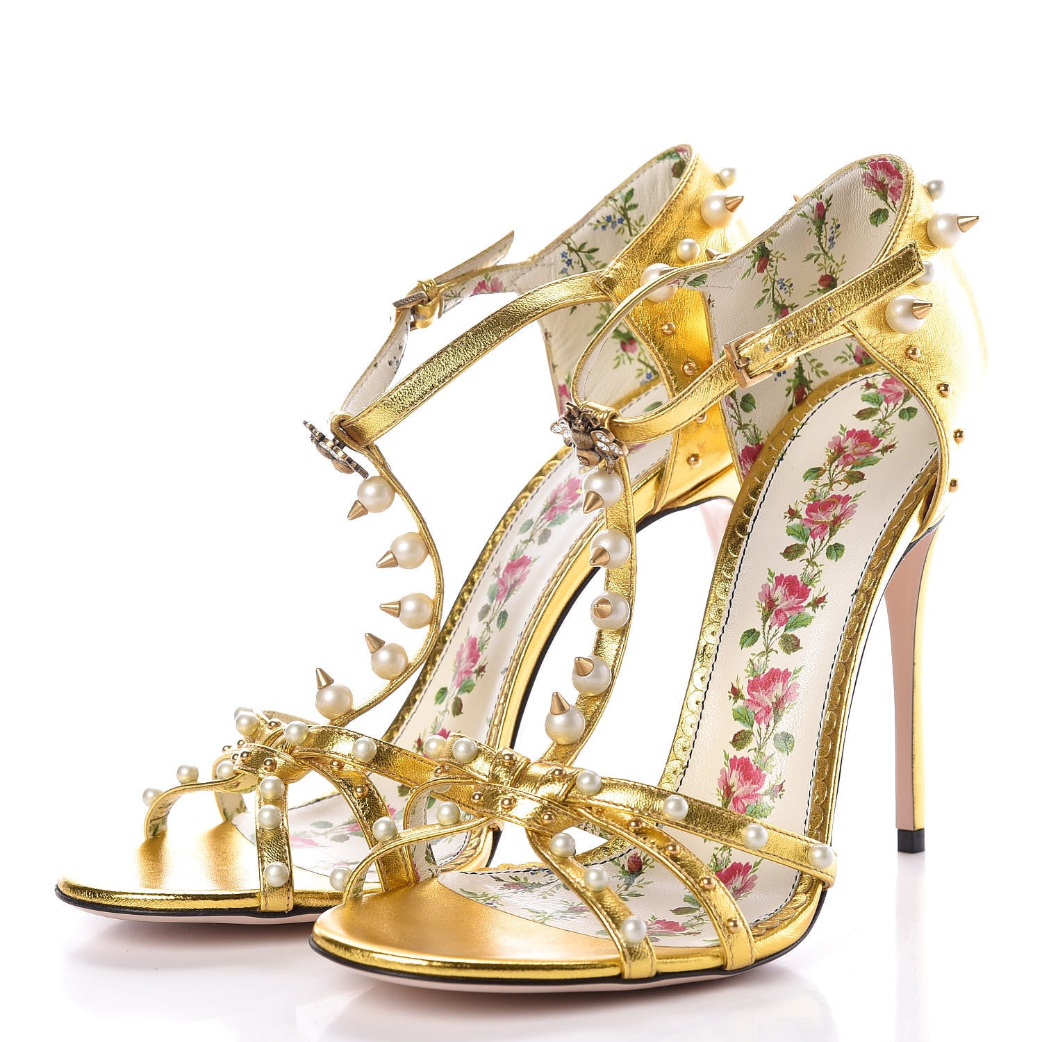 Gucci Metallic Nappa Silk Pearl Studded Regina T-Strap High Heel Sandals 40 Oro Vecchio 3 of 8