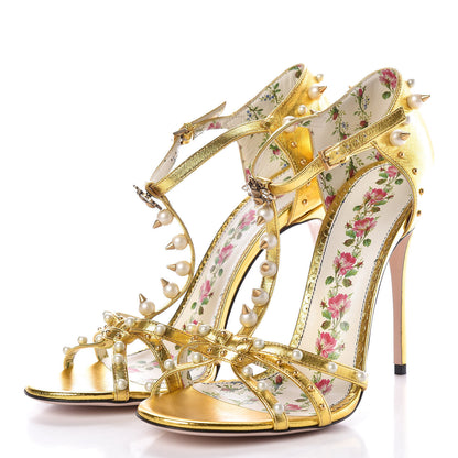 Gucci Metallic Nappa Silk Pearl Studded Regina T-Strap High Heel Sandals 40 Oro Vecchio 3 of 8