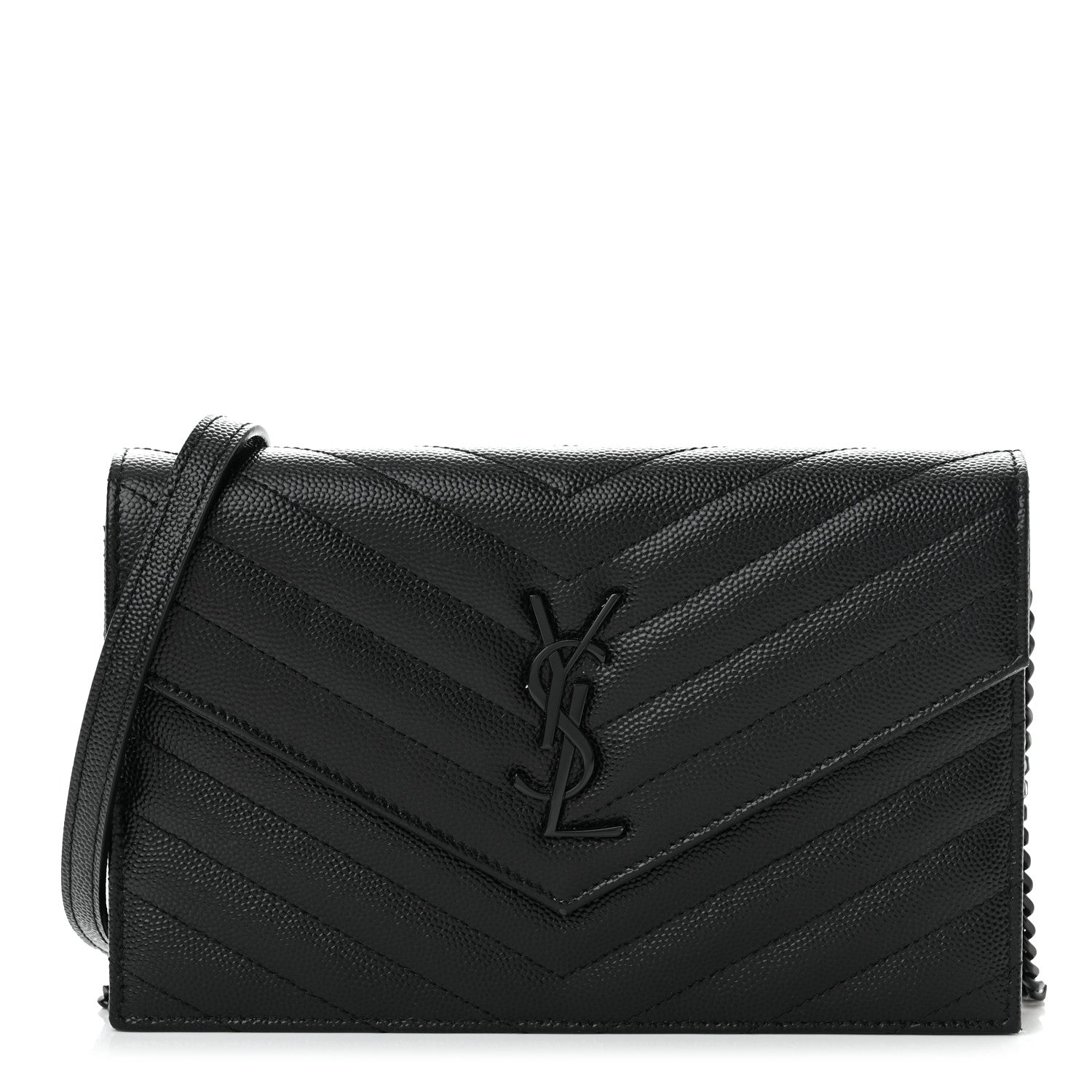 Saint Laurent Grain De Poudre Matelasse Chevron Monogram Monochrome Envelope Chain Wallet Black 1 of 11