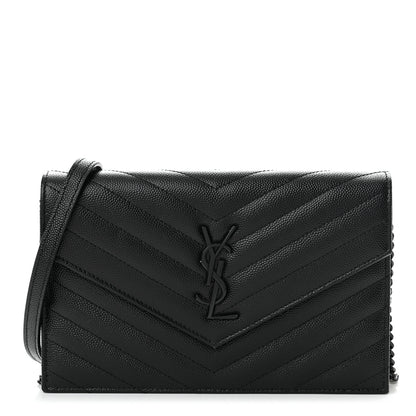 Saint Laurent Grain De Poudre Matelasse Chevron Monogram Monochrome Envelope Chain Wallet Black 1 of 11