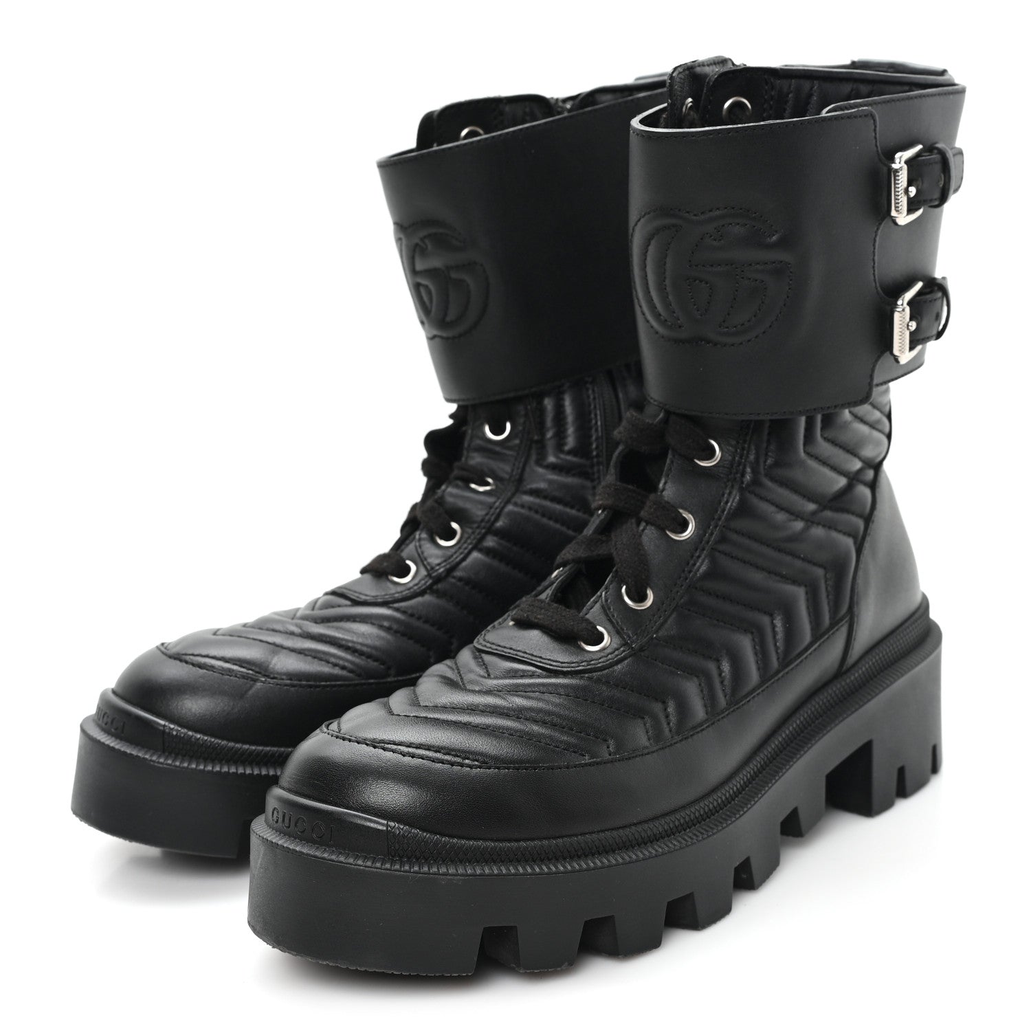 Gucci Nappa Frances GG Matelasse Platform Combat Boots 37 Black 4 of 9