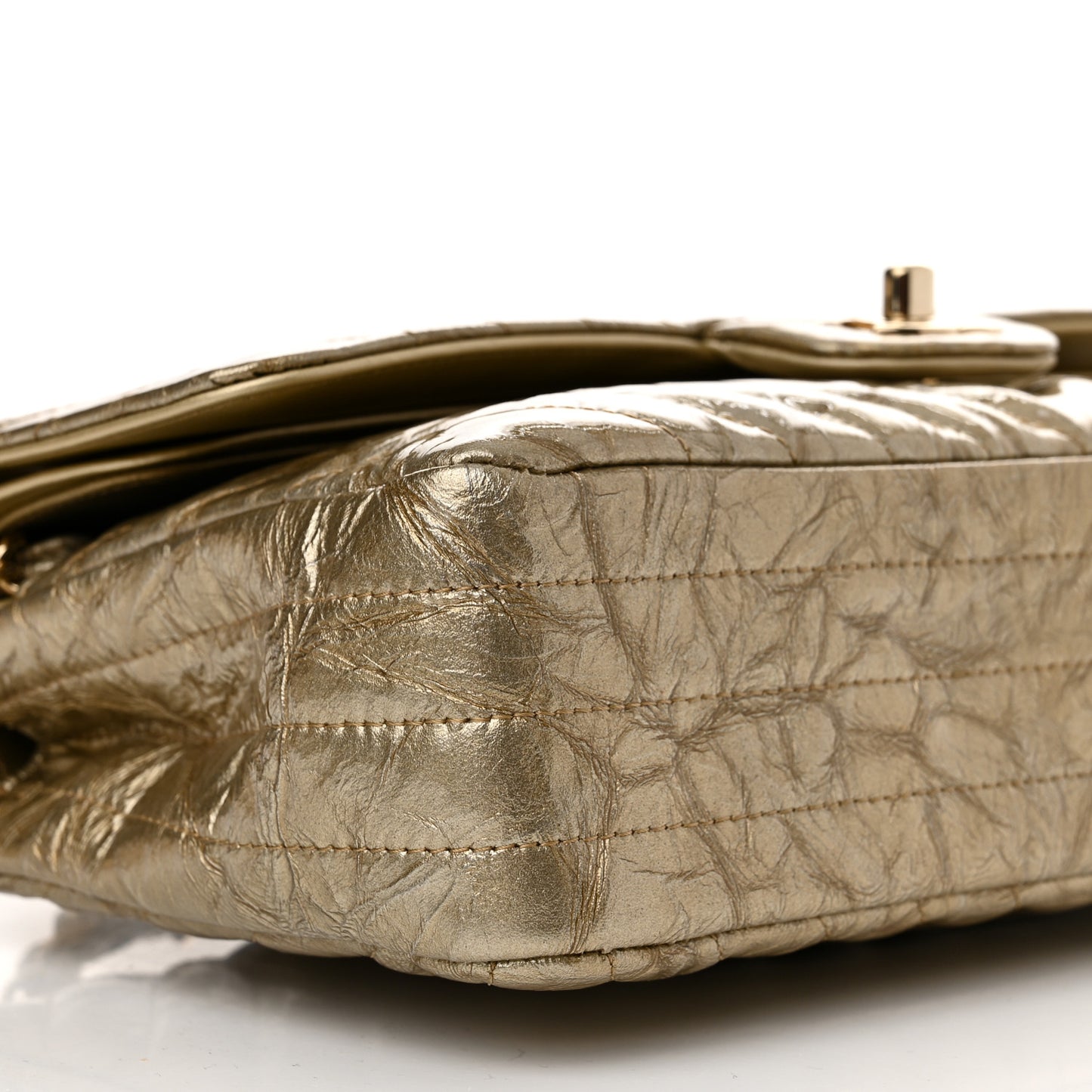 Metallic Patent Crumpled Calfskin Chevron Quilted Medium Double Flap Gold