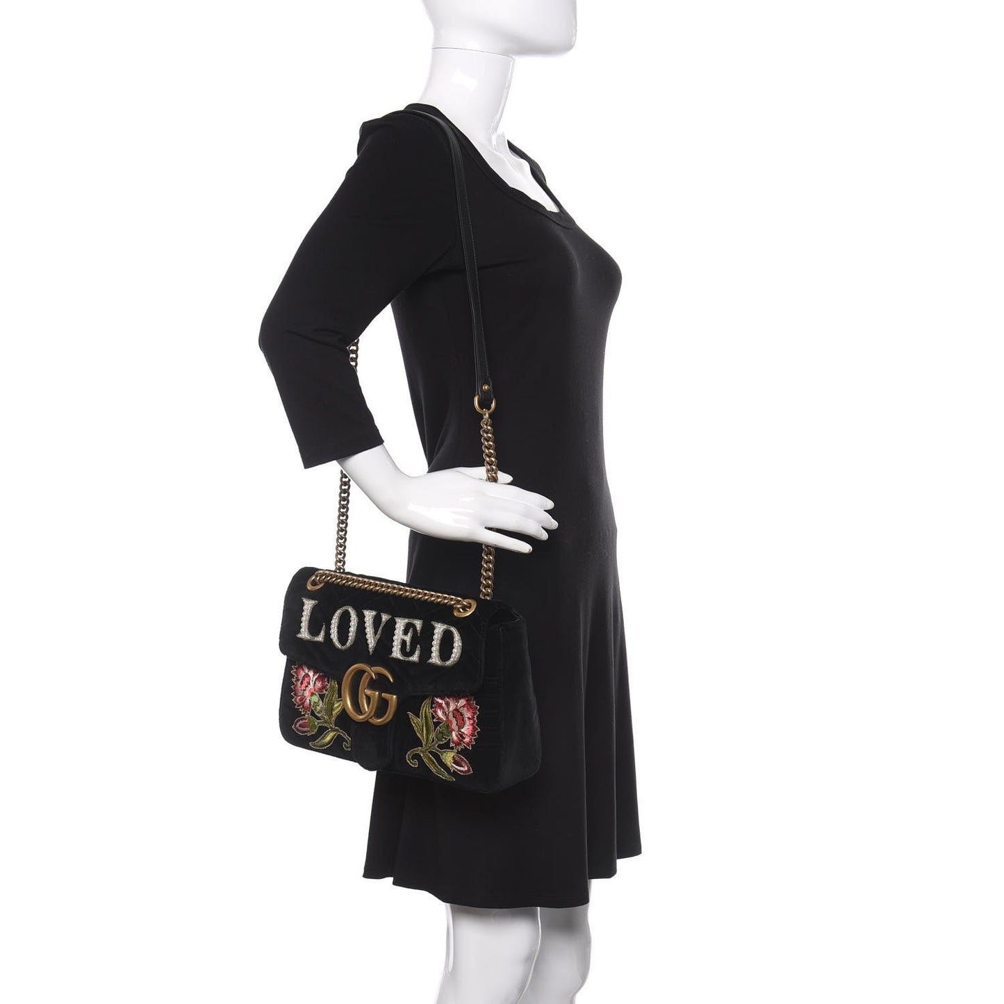 Velvet Matelasse Loved Embroidered Medium GG Marmont Shoulder Bag Black