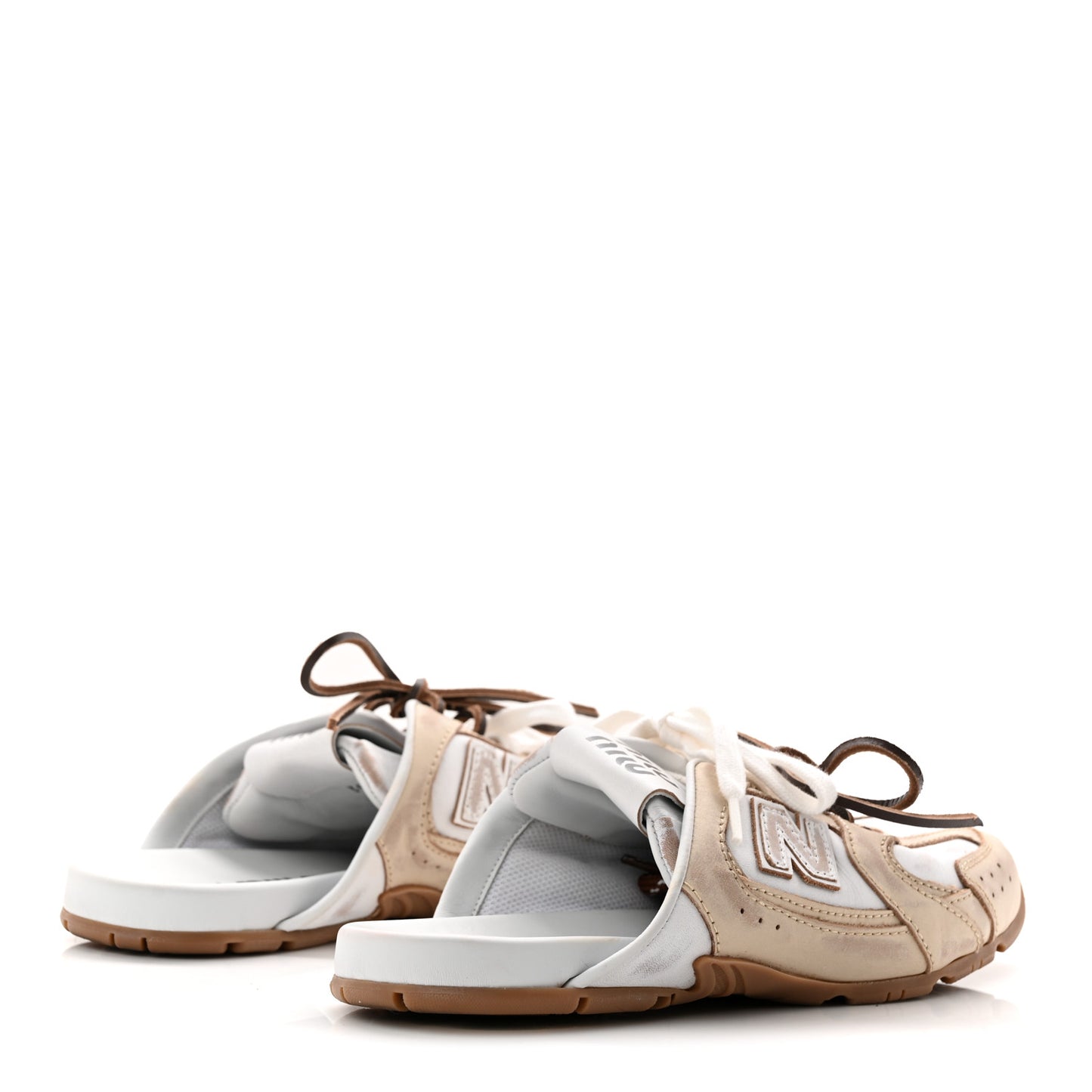 X NEW BALANCE Bleached Calfskin 530 SL Slip-On Sneakers Mules 35.5 Travertine Grey White