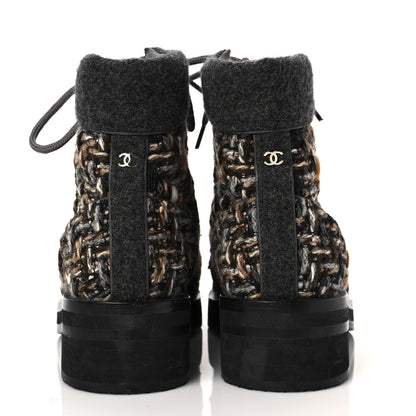 Chanel Tweed Lace Up Short Boots 38 Green Brown Black 5 of 7