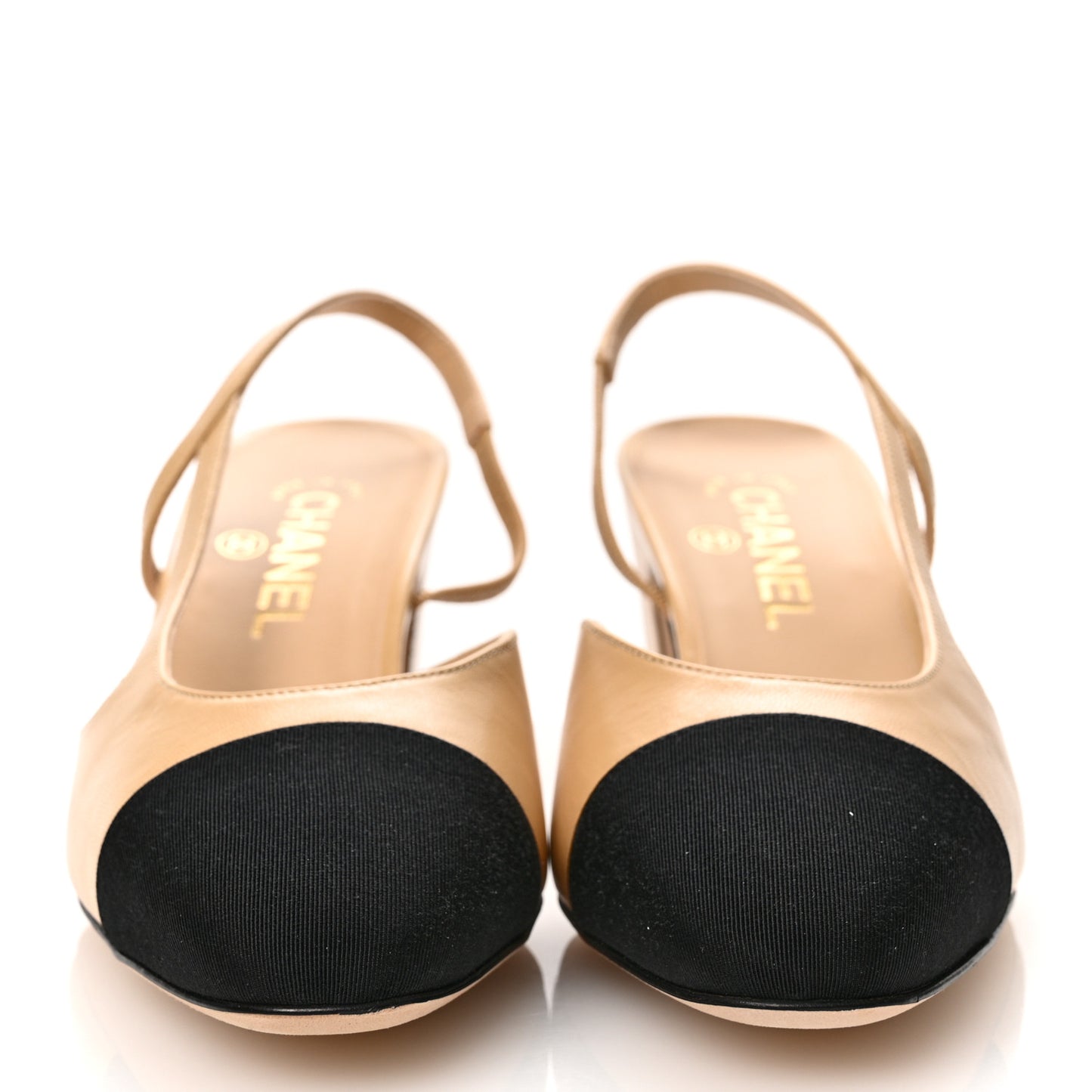 Goatskin Grosgrain Cap Toe CC Slingback Pumps 39.5 Beige Black