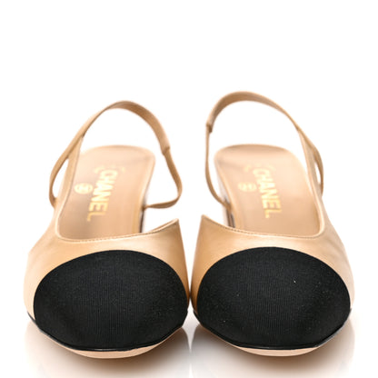 Chanel Goatskin Grosgrain Cap Toe CC Slingback Pumps 39.5 Beige Black 3 of 10