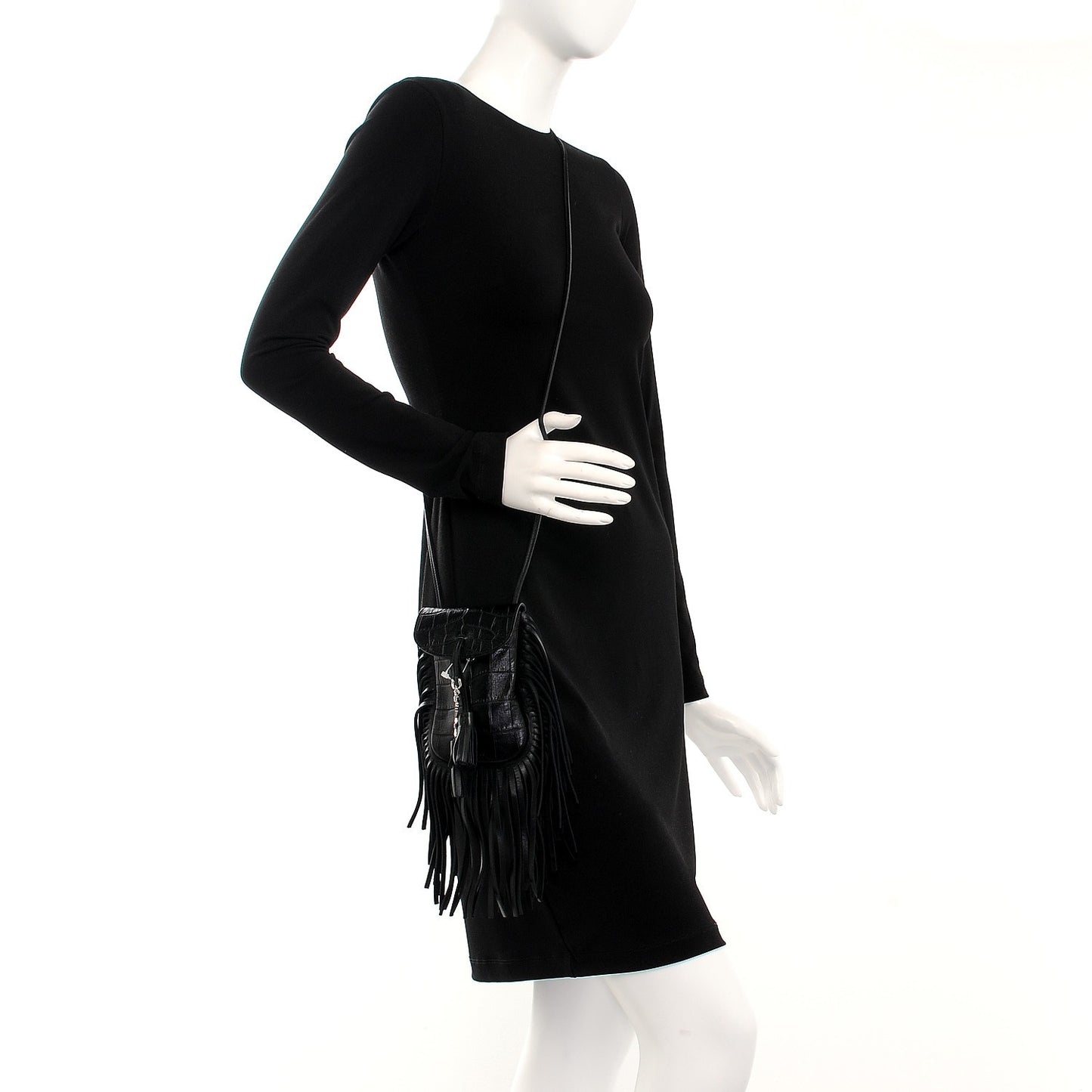 Calfskin Crocodile Embossed Fringe Toy Monogram Anita Crossbody Bag Black