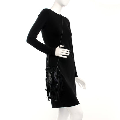Saint Laurent Calfskin Crocodile Embossed Fringe Toy Monogram Anita Crossbody Bag Black 2 of 7