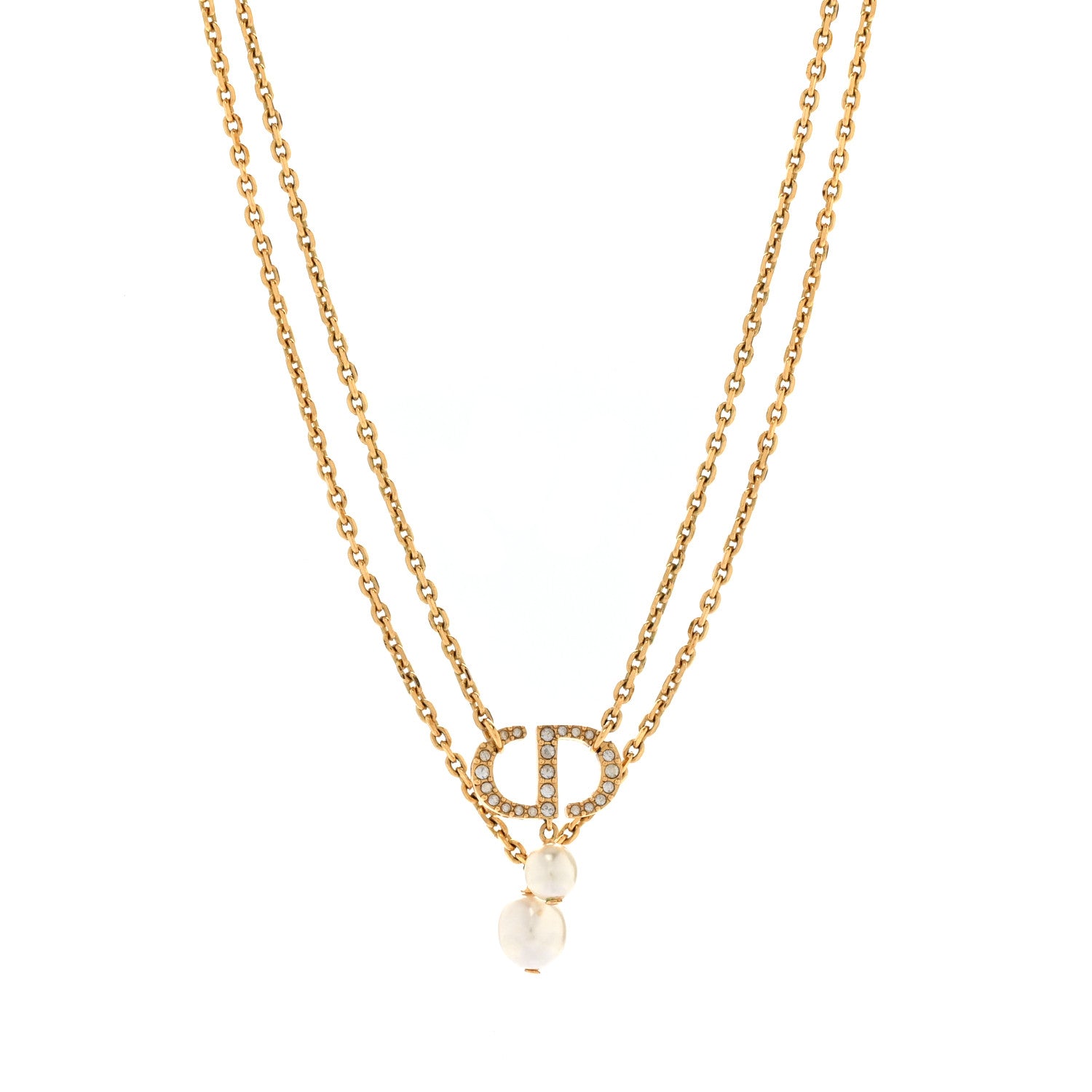 Christian Dior Metal Crystal Pearl CD Necklace Gold 1 of 6