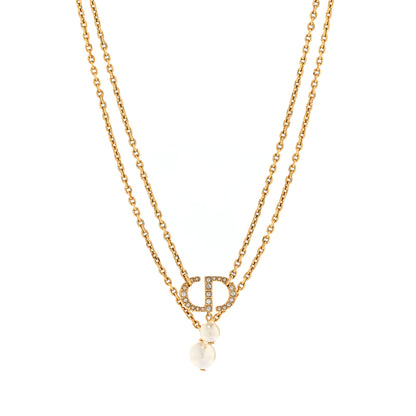 Christian Dior Metal Crystal Pearl CD Necklace Gold 1 of 6