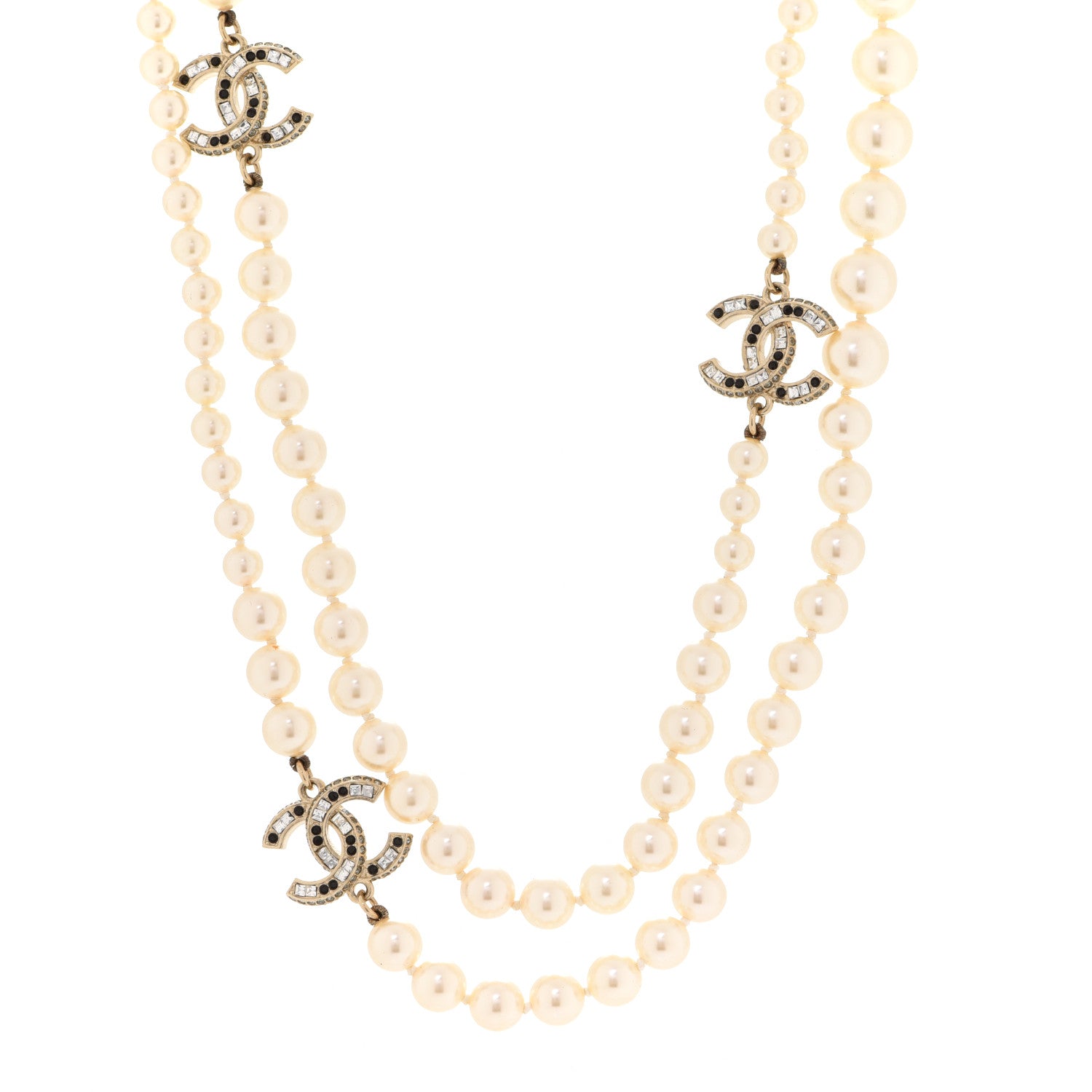 Chanel Baguette Crystal Pearl CC Long Necklace Black Gold 1 of 5