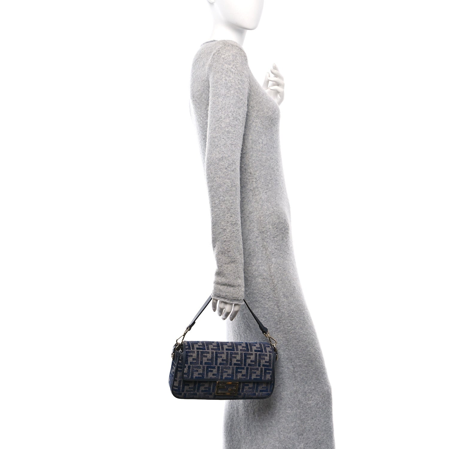 Fendi Chenille FF Embroidered Baguette Grigio Notte Flamingo 2 of 12