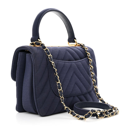 Chanel Jersey Chevron Quilted Small Trendy CC Dual Handle Flap Bag Navy Blue 3 of 14