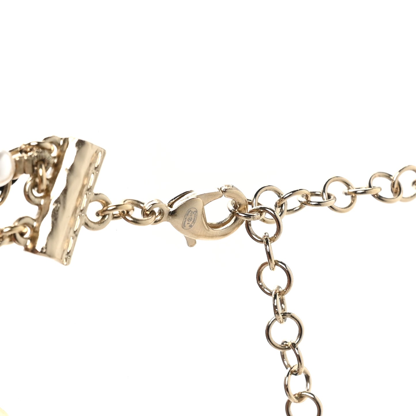 Calfskin Pearl Metal CC Bow Necklace Gold White Black