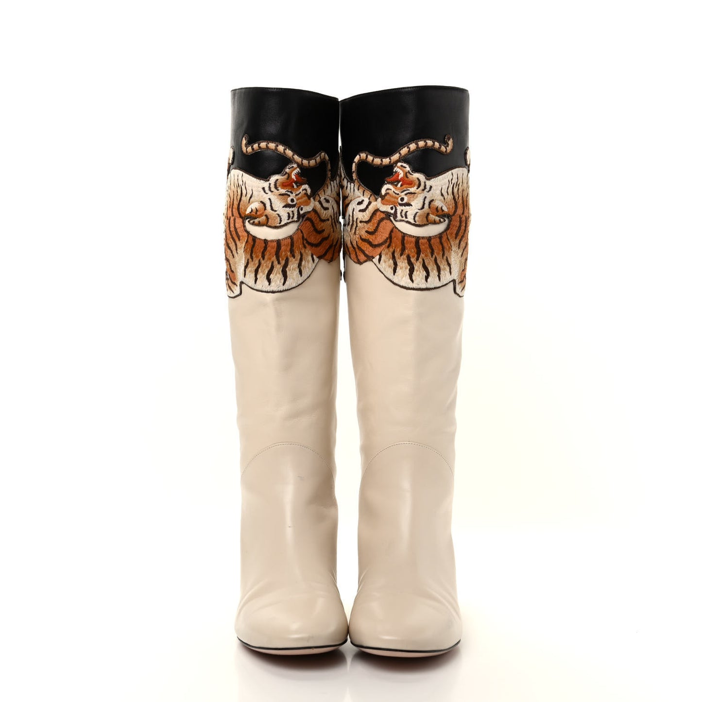 Nappa Pearl Tiger Embroidered Knee High Boots 37 Mystic White Black