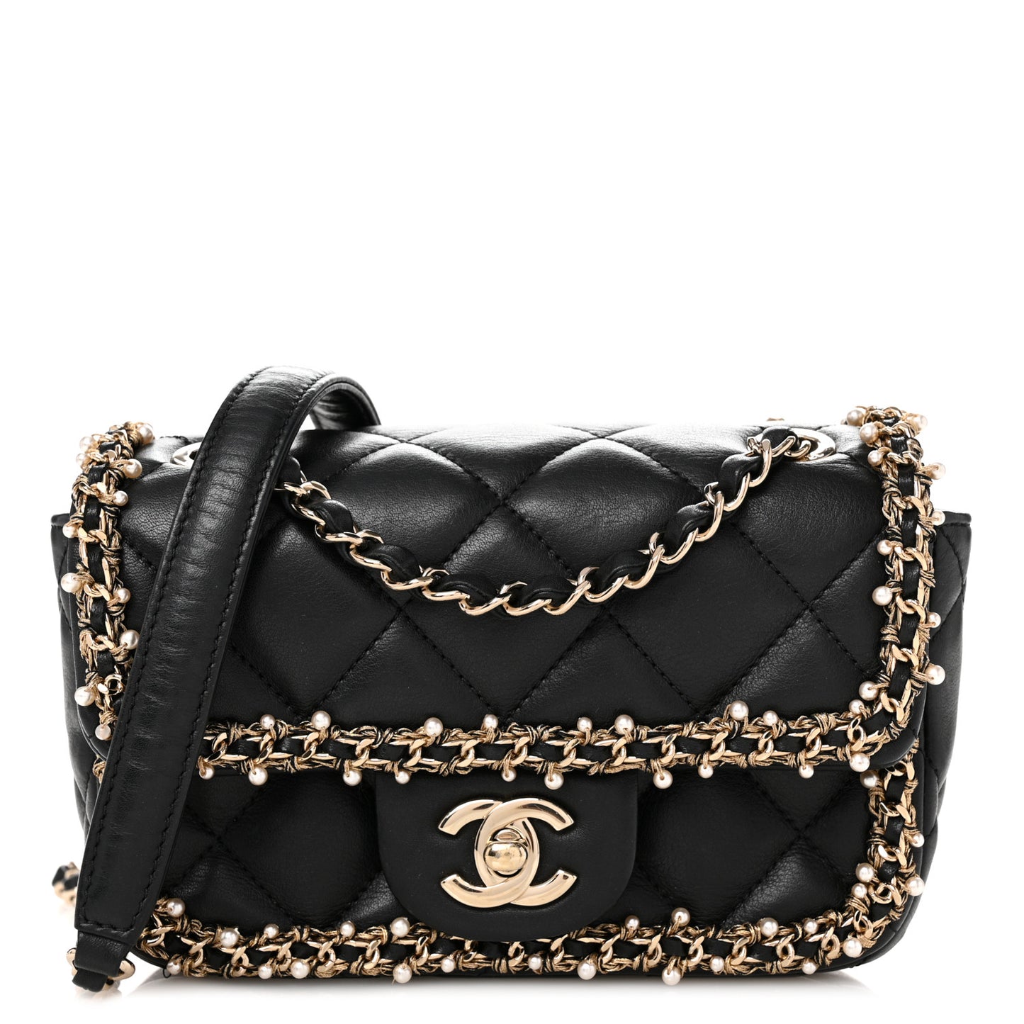 Lambskin Quilted Pearl Edge Mini Rectangular Flap Bag Black