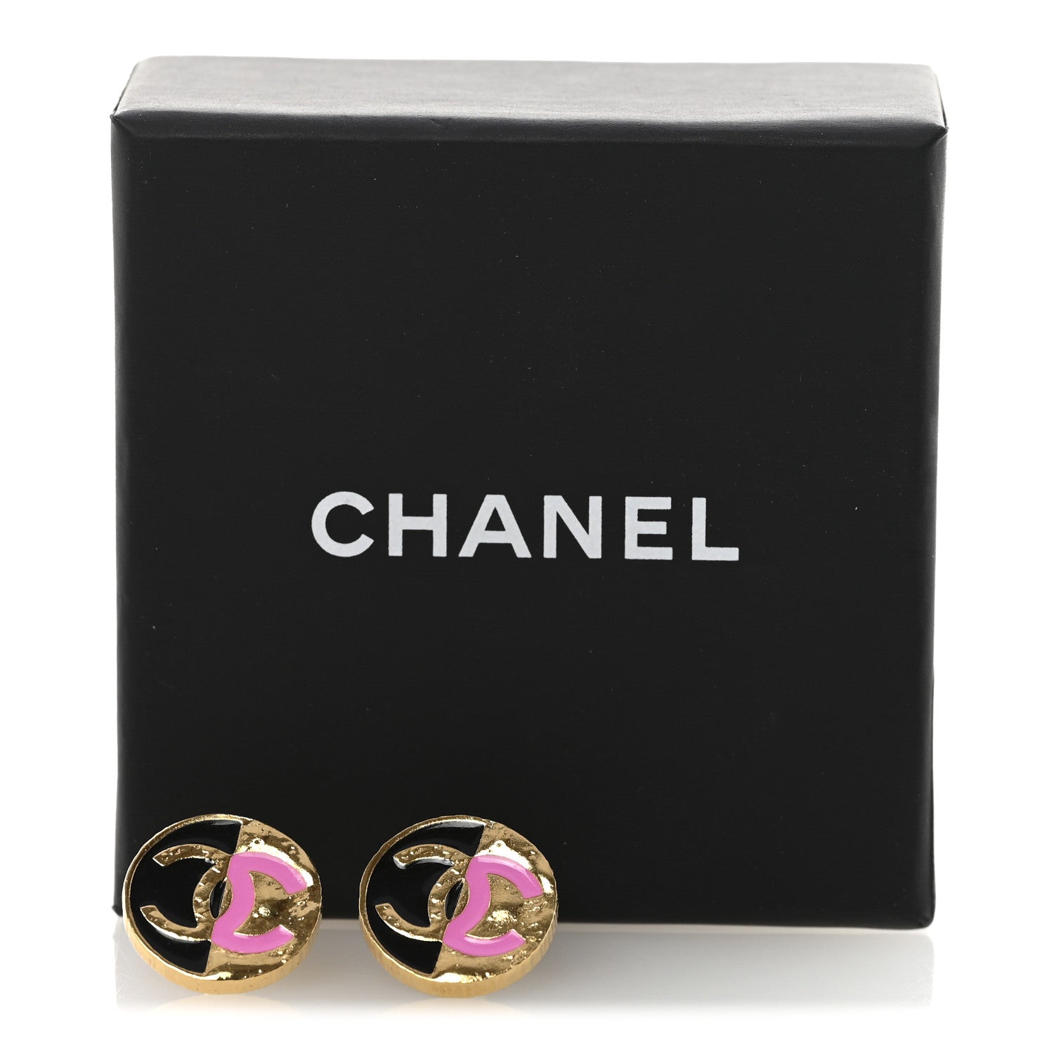 Chanel Metal Enamel CC Round Earrings Gold Pink Black 5 of 5