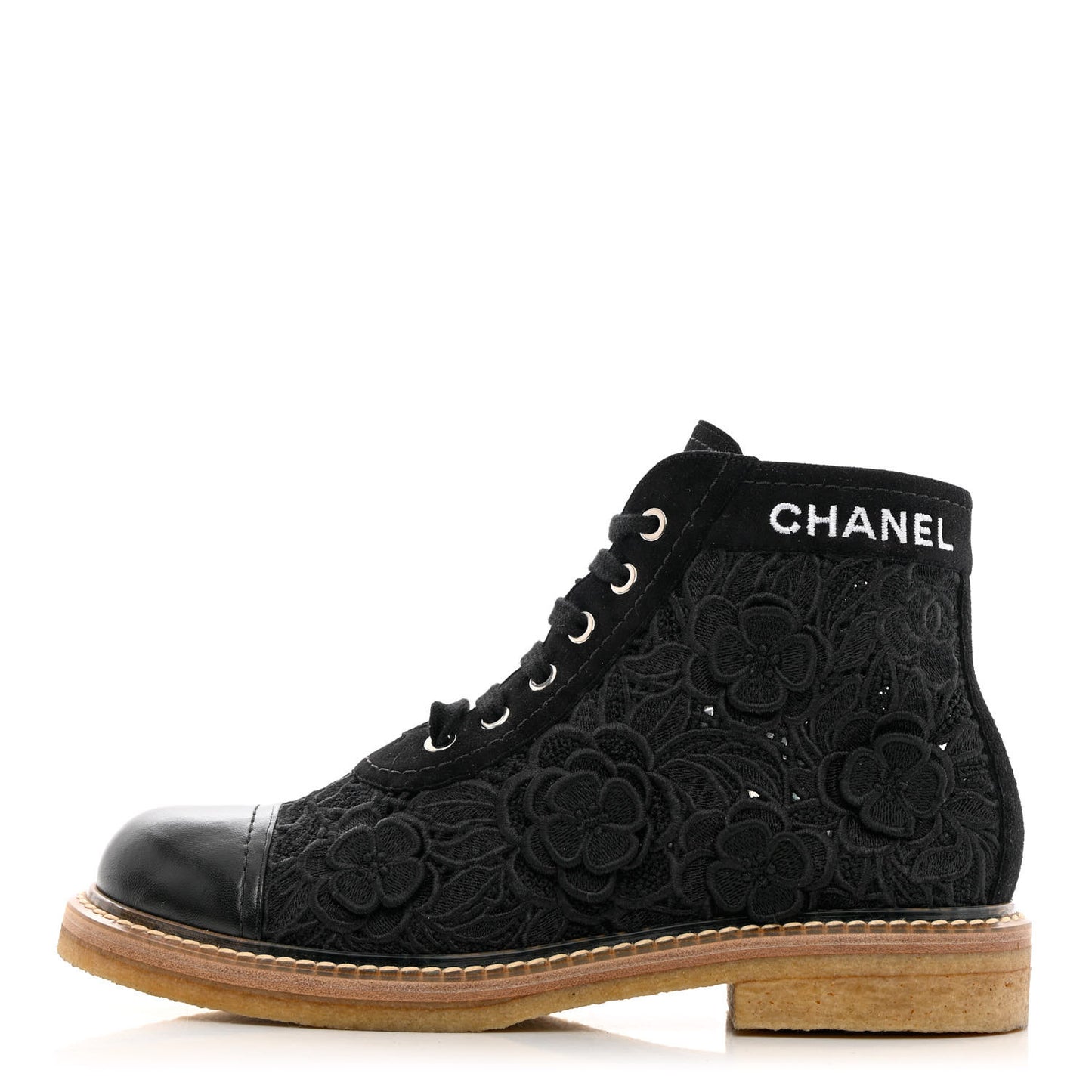 Embroidered Flower Calfskin Lace Up Boots 38.5 Black