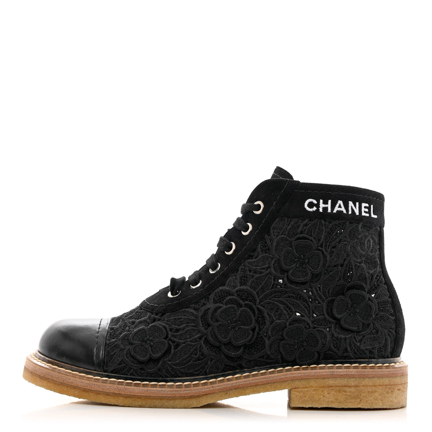 Chanel Embroidered Flower Calfskin Lace Up Boots 38.5 Black 1 of 13