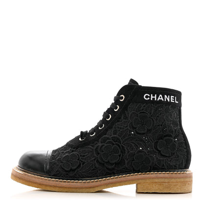 Chanel Embroidered Flower Calfskin Lace Up Boots 38.5 Black 1 of 13