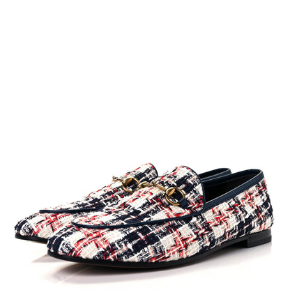 Gucci Tweed Check Horsebit Womens Jordaan Loafers 38.5 Gardenia Ink Blue Agata 3 of 8