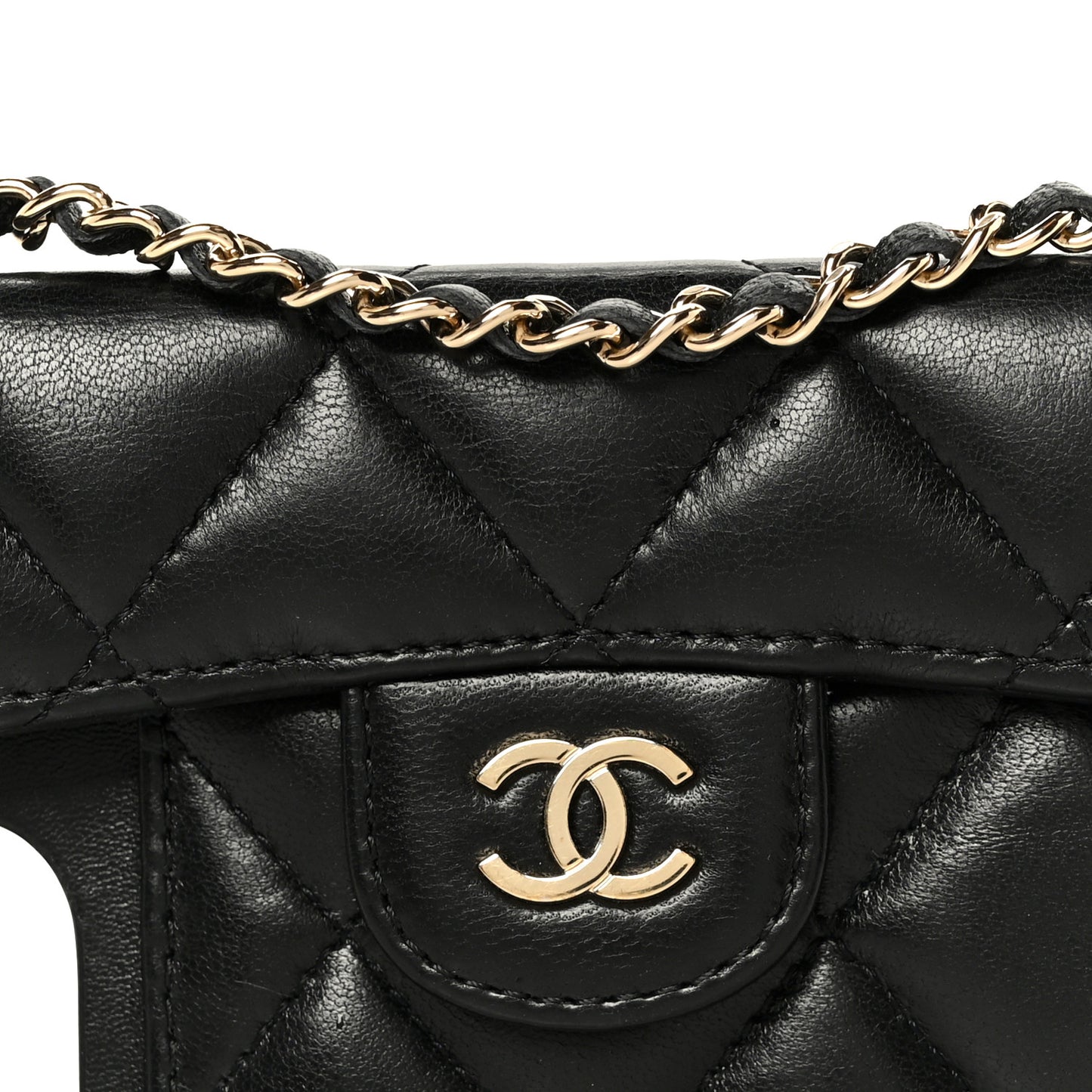 Lambskin Quilted Pearl Crush iPhone XII Pro Holder With Chain Black