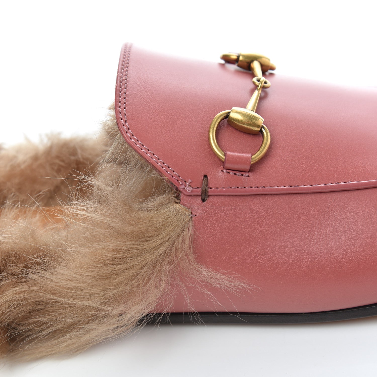 Gucci Calfskin Fur Womens Princetown Slippers 36.5 Lipstick Rose Natural 8 of 11
