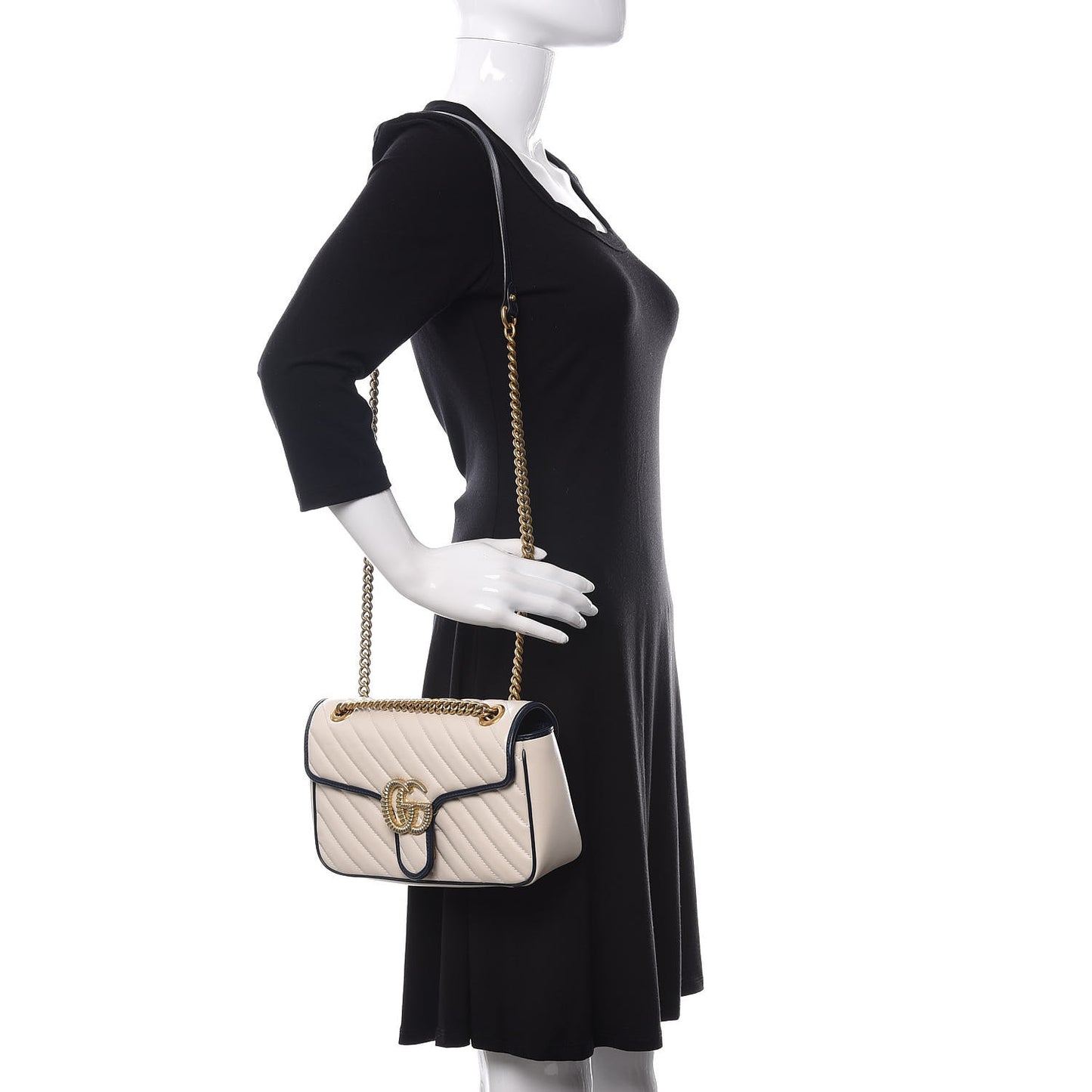 Vintage Effect Calfskin Matelasse Diagonal Small Torchon GG Marmont Shoulder Bag Mystic White Blue Agata