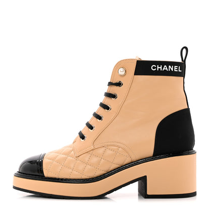 Chanel Calfskin Patent Calfskin Quilted Lace Up Boots 37 Beige Black 1 of 10