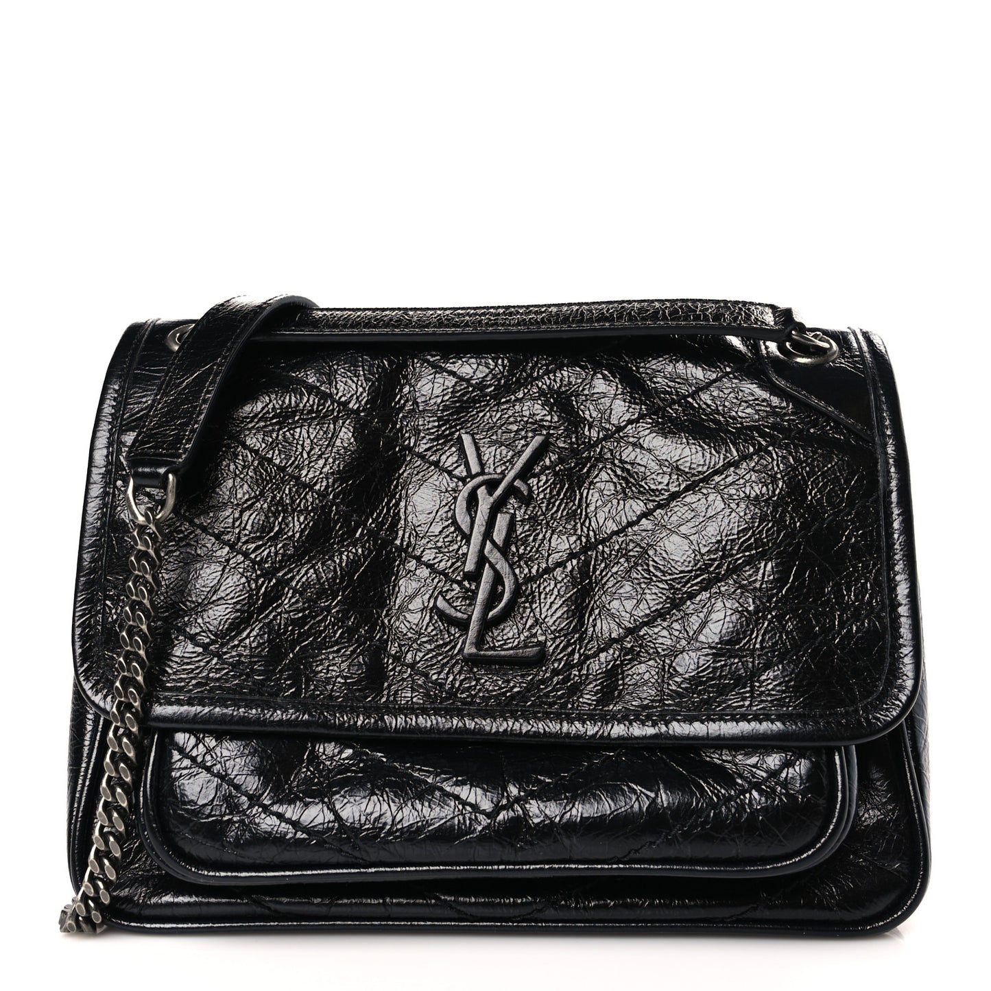 Crinkled Calfskin Matelasse Monogram Baby Niki Chain Satchel Black