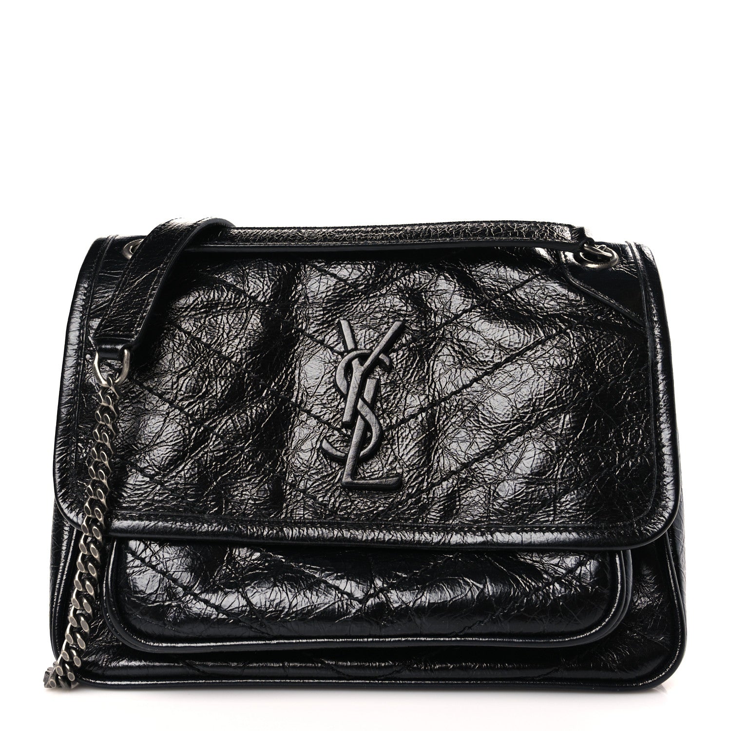Saint Laurent Crinkled Calfskin Matelasse Monogram Baby Niki Chain Satchel Black 1 of 9