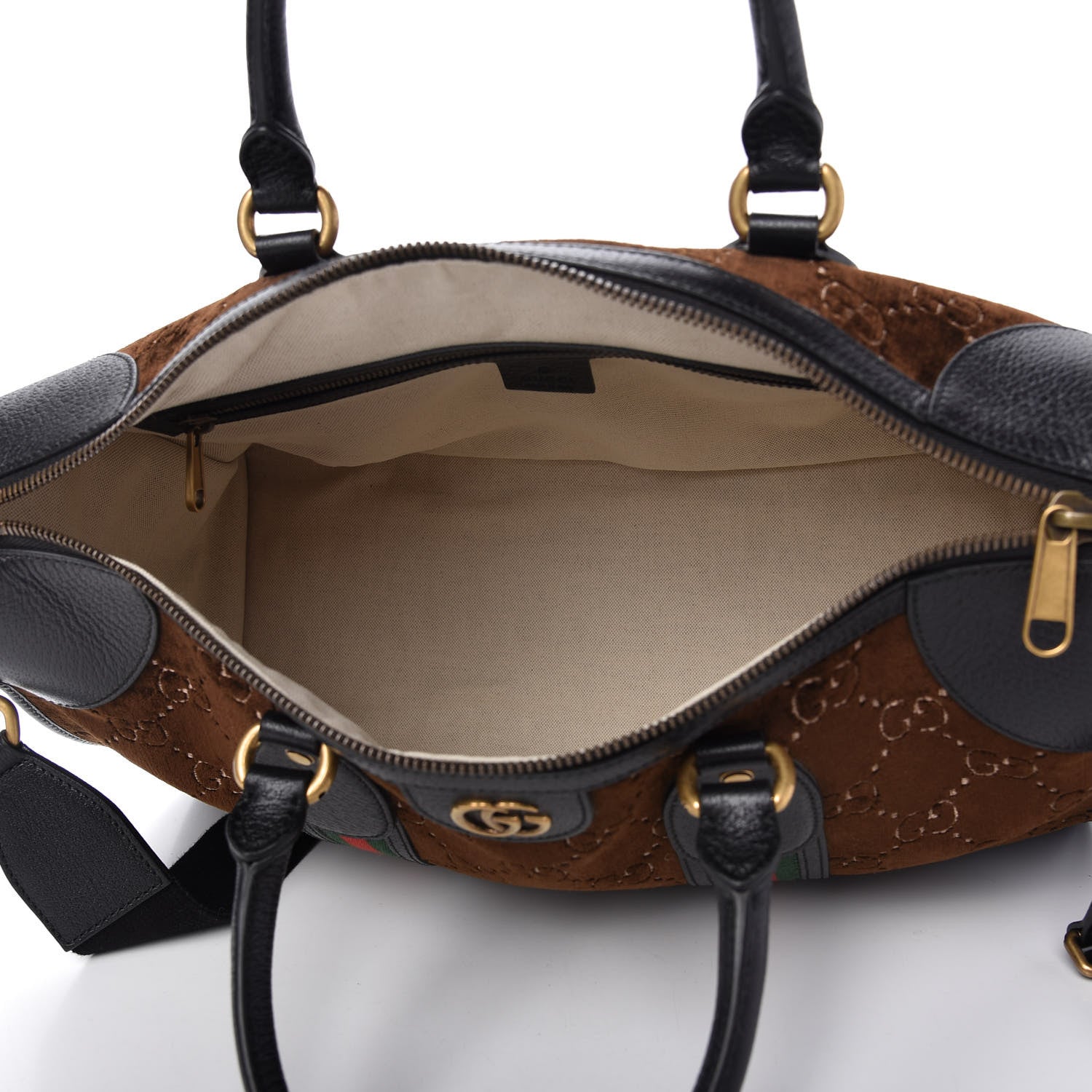 Gucci Velvet GG Monogram Textured Calfskin Web Medium Duffle Bag Brown Black 5 of 11