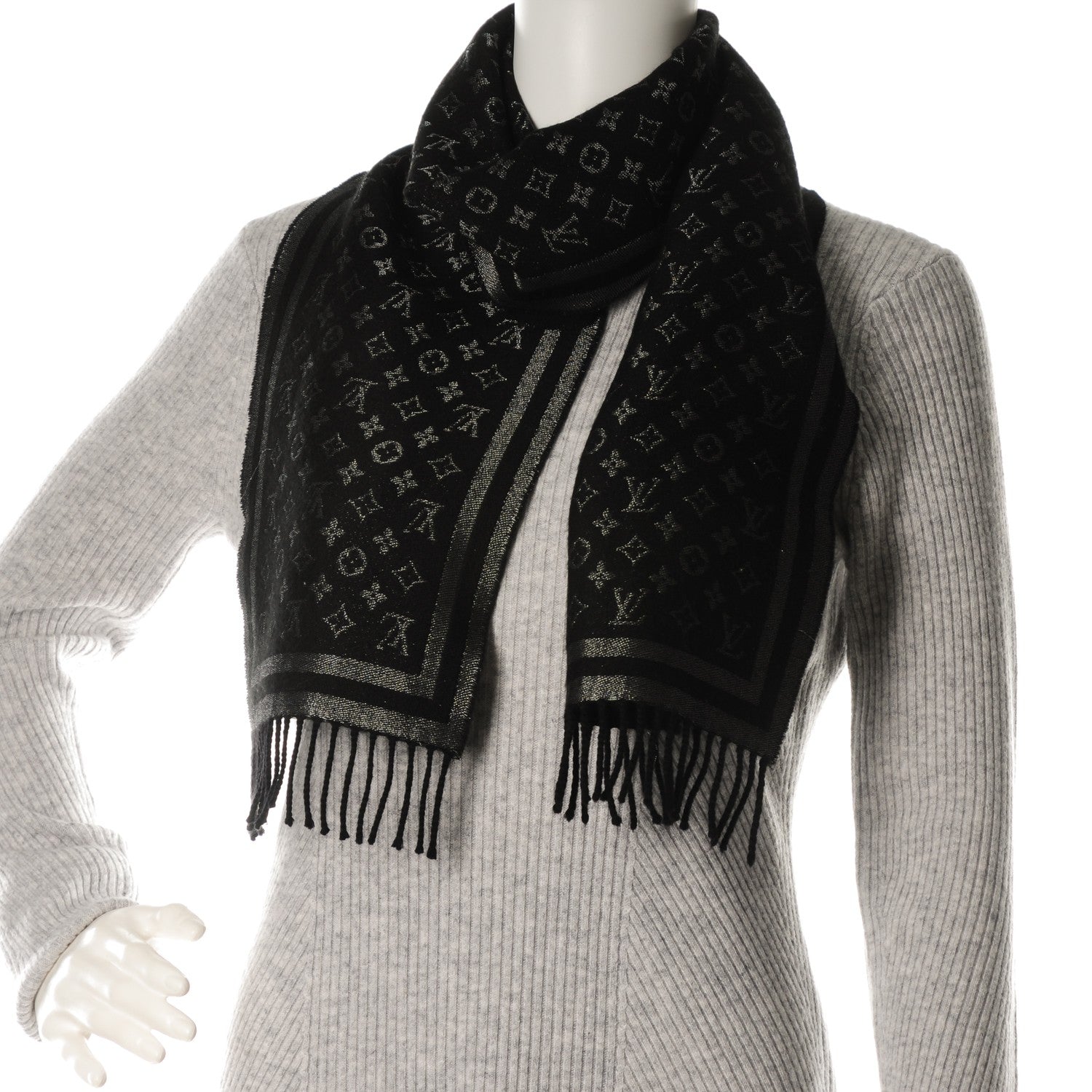 Louis Vuitton Wool Cashmere Lurex Monogram Scarf Black Silver 2 of 6