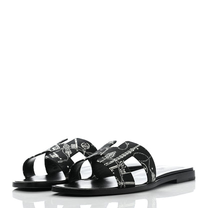 Hermes Cotton Canvas Printed Les Cles Bandana Oran Sandals 37 Black 3 of 9