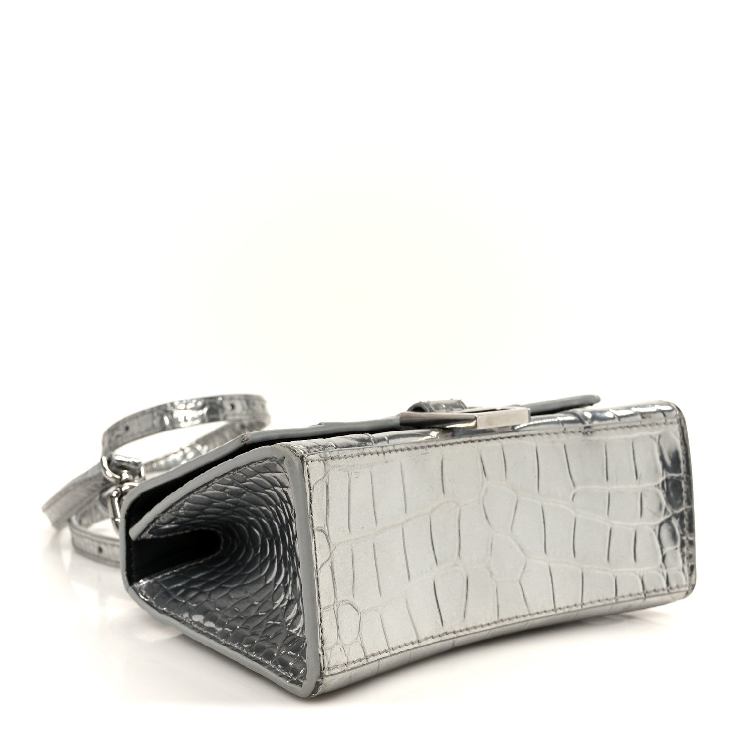 Balenciaga Metallic Calfskin Crocodile Embossed Hourglass Top Handle Bag XS Silver 4 of 10