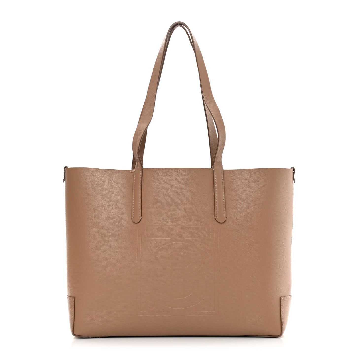 Calfskin TB Motif Embossed Medium Tote Camel