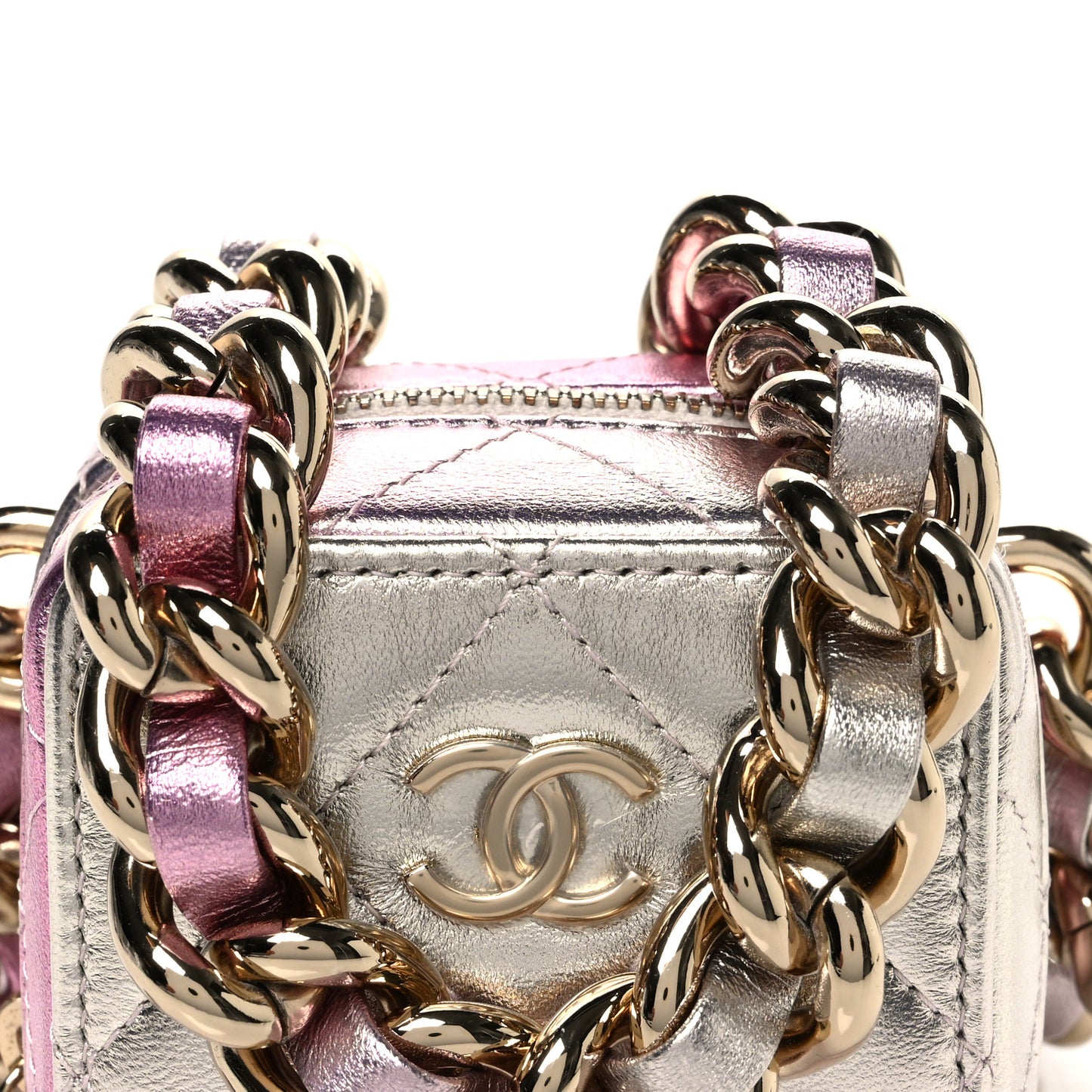 Gradient Metallic Lambskin Quilted Like A Wallet Clutch With Chain Gold Pink