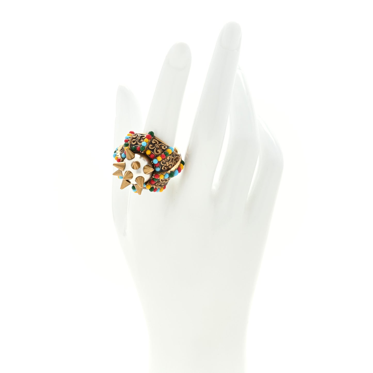 Pearl Beaded Spiked Ring 55 7.25 Aged Gold Multicolor