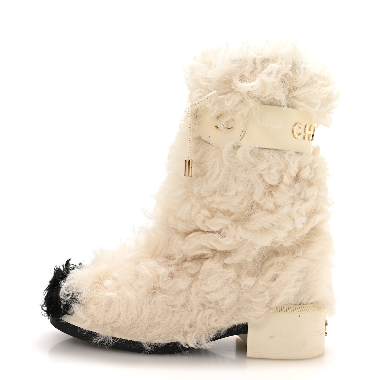 Shearling Sheepskin High Boots 38.5 Ivory Black