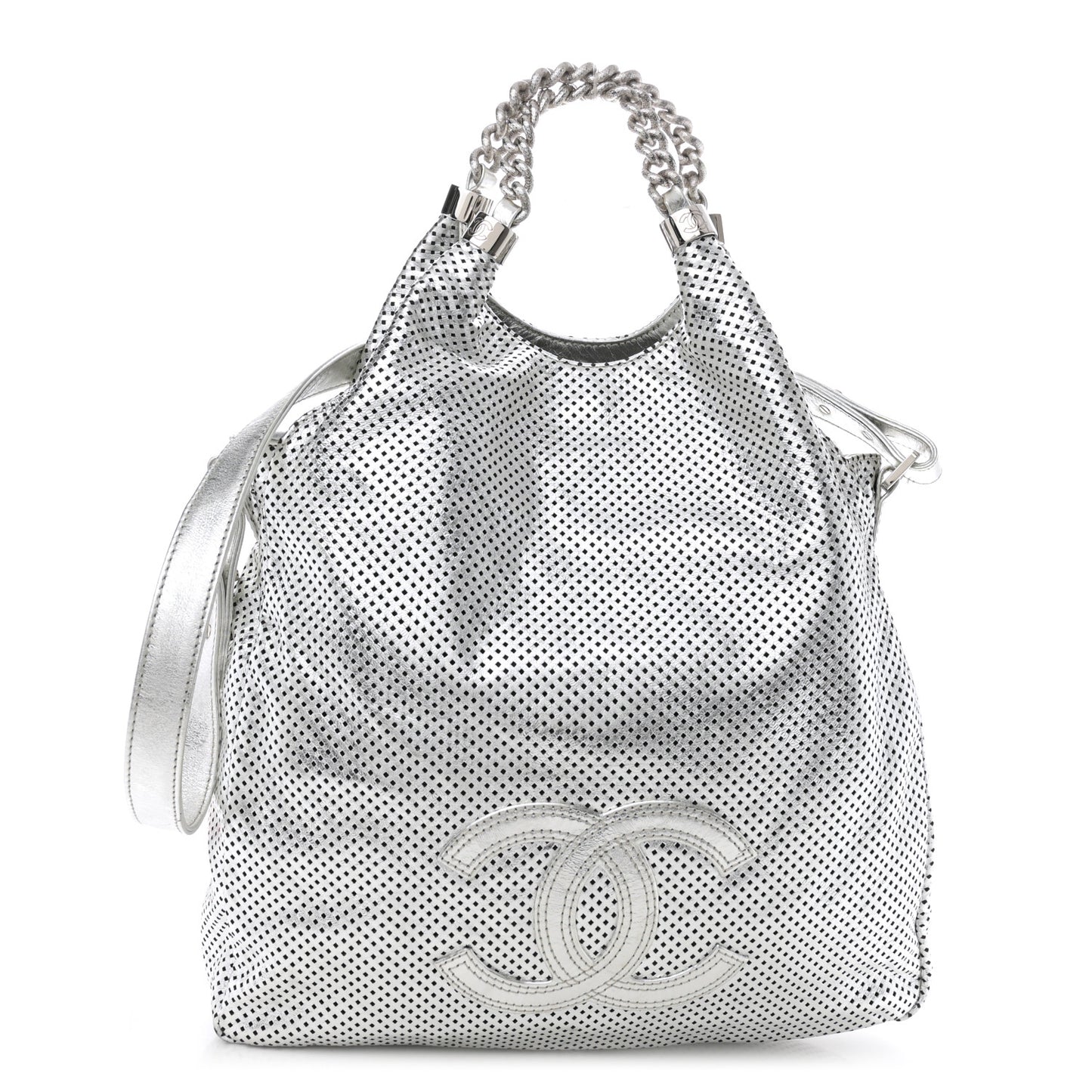 Metallic Glazed Calfskin Perforated Medium Rodeo Drive Tote Silver