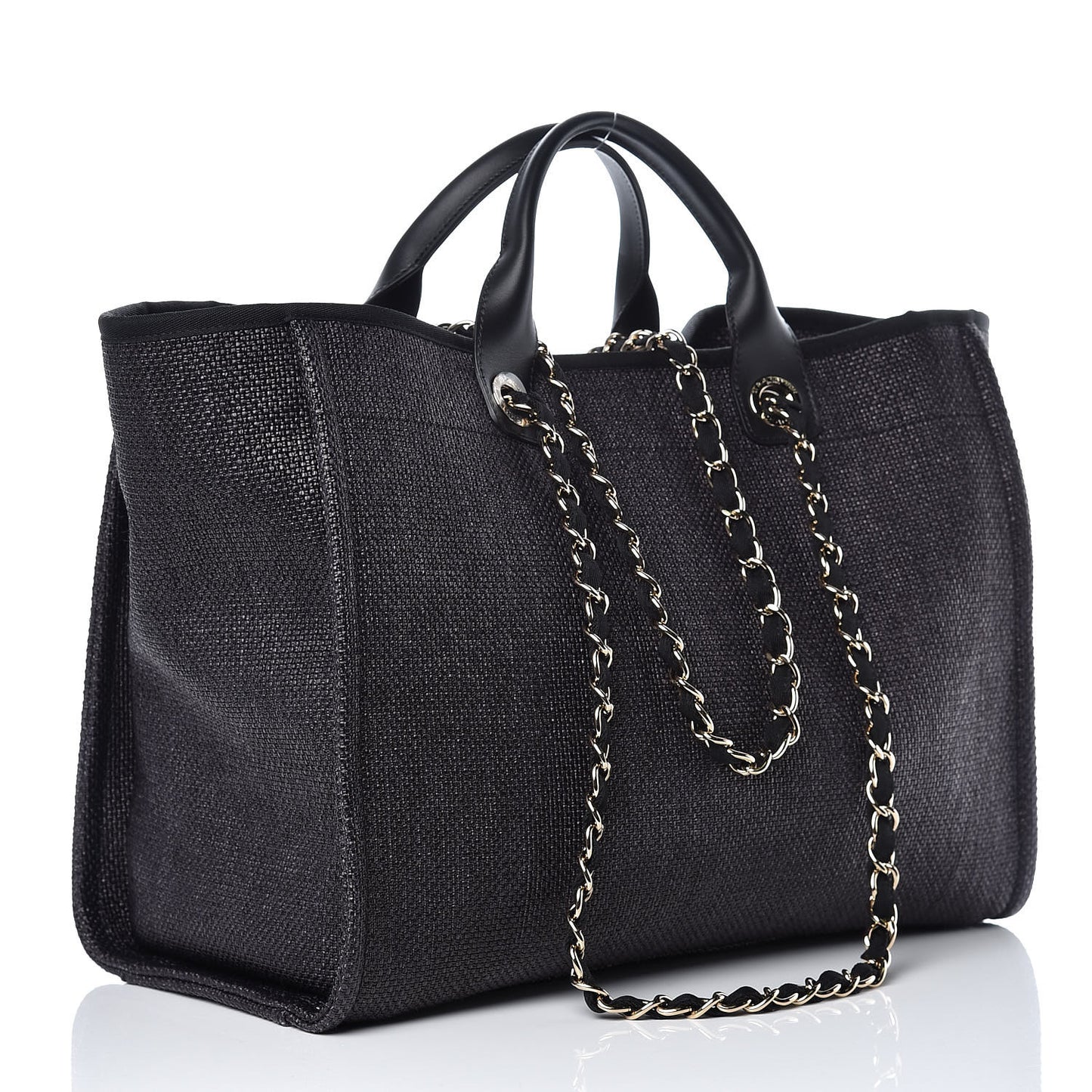 Woven Straw Raffia Large Deauville Tote Black